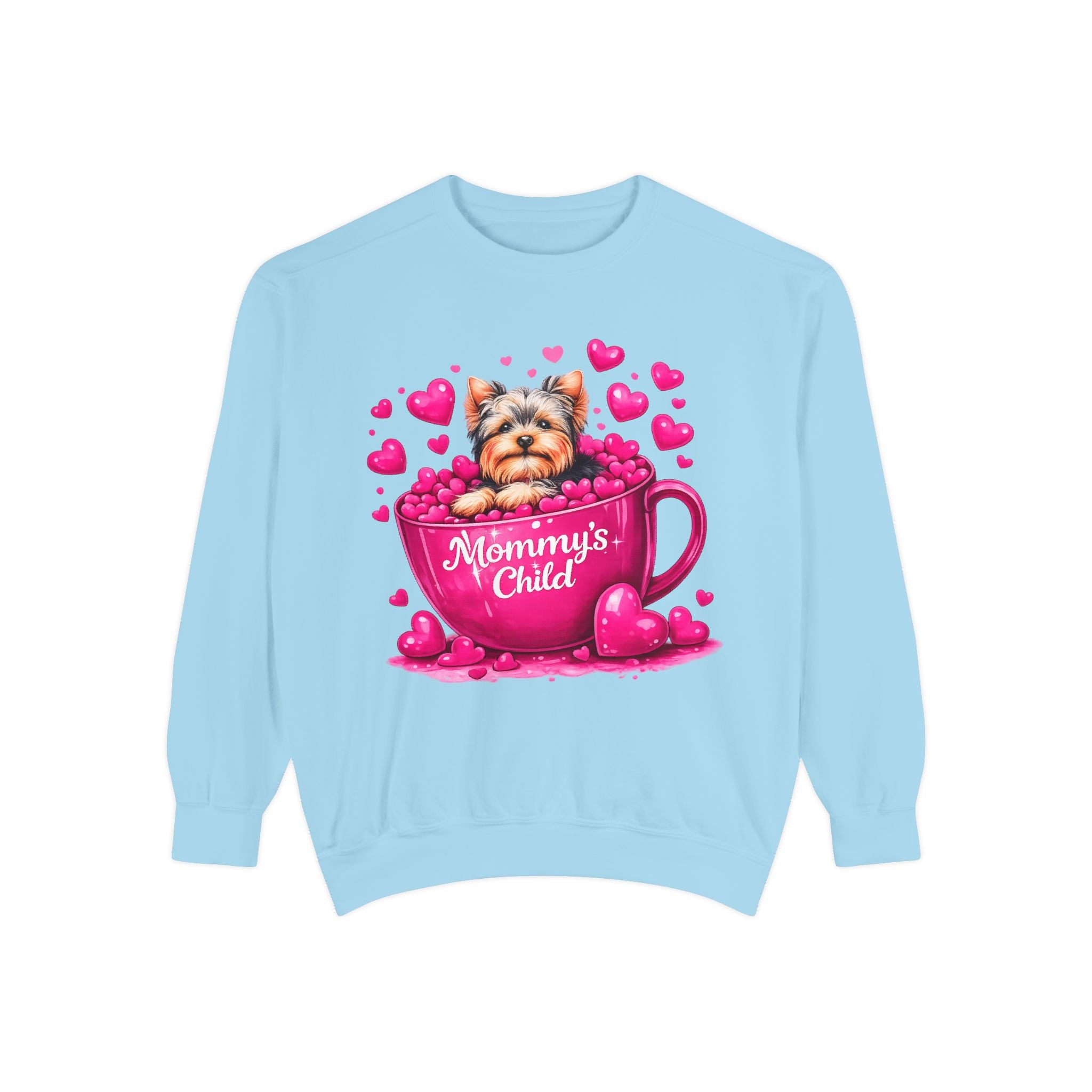 Mommy’s Child Yorkie Shirt – Cute Puppy in Mug Graphic Tee, Dog Lover Gift, Pink Heart Aesthetic, Yorkshire Terrier T-Shirt for Women