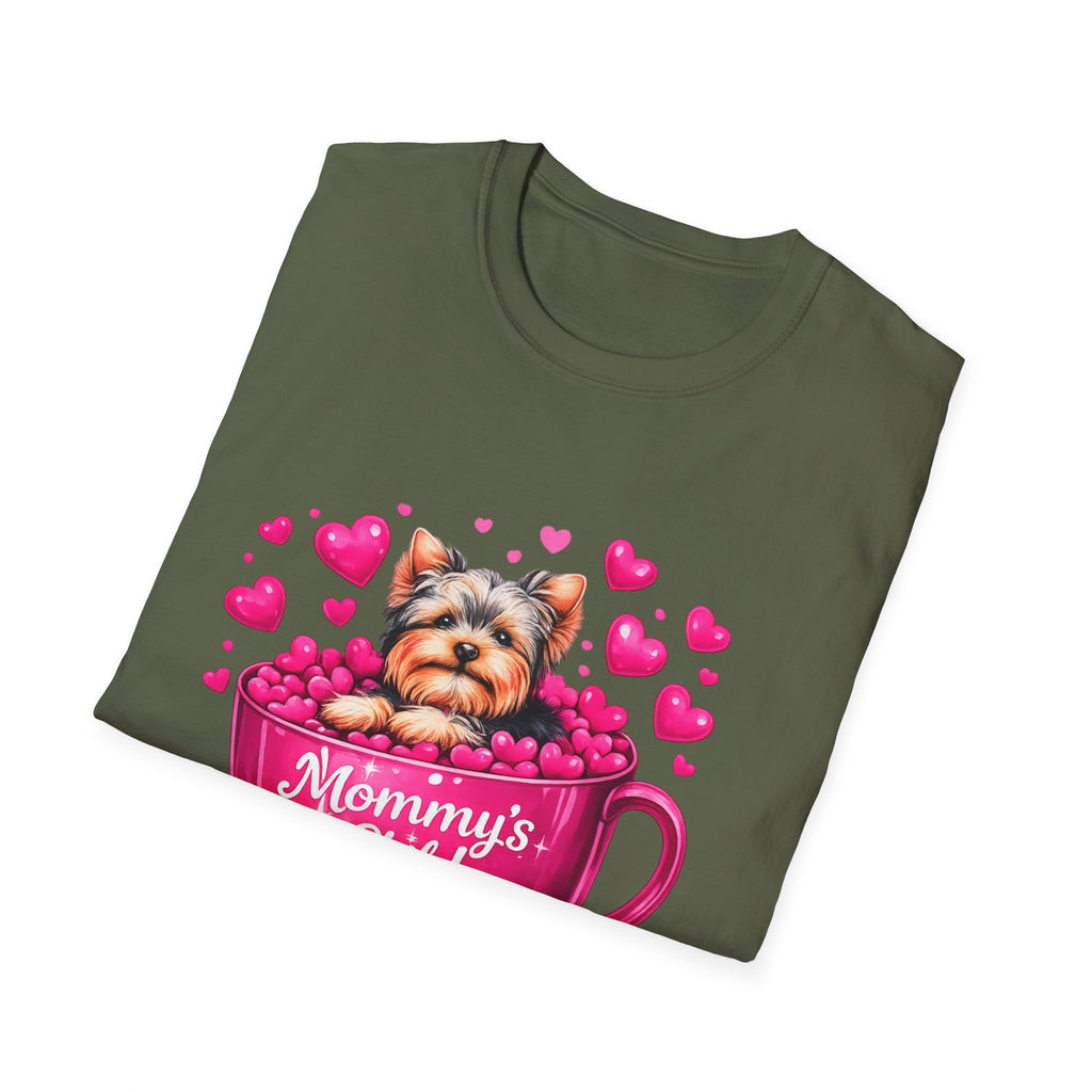 Mommy’s Child Yorkie Shirt – Cute Puppy in Mug Graphic Tee, Dog Lover Gift, Pink Heart Aesthetic, Yorkshire Terrier T-Shirt for Women