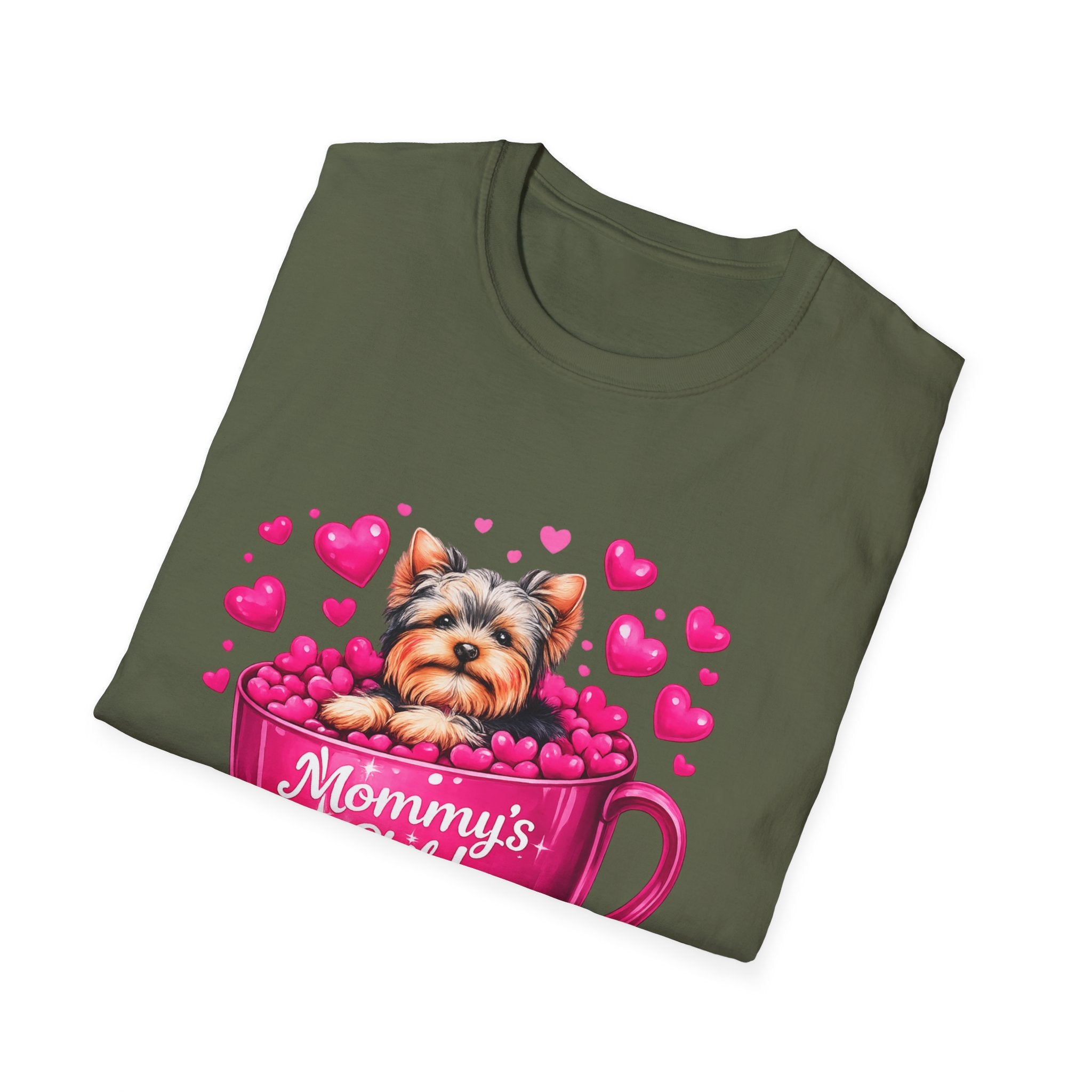 Mommy’s Child Yorkie Shirt – Cute Puppy in Mug Graphic Tee, Dog Lover Gift, Pink Heart Aesthetic, Yorkshire Terrier T-Shirt for Women
