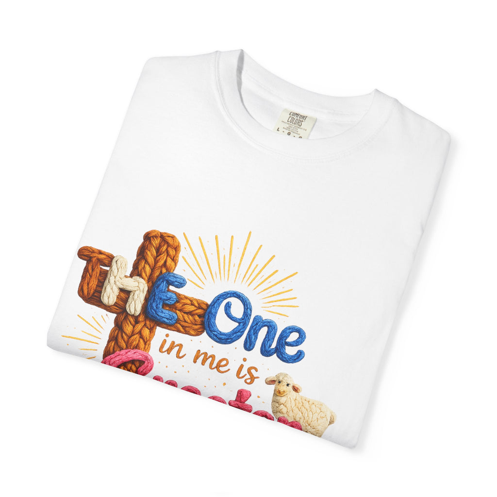 The One in Me Is Greater Shirt – Christian Crochet Style Graphic Tee, Faith Based Inspirational Bible Verse Shirt, Cute Religious Gift for Women