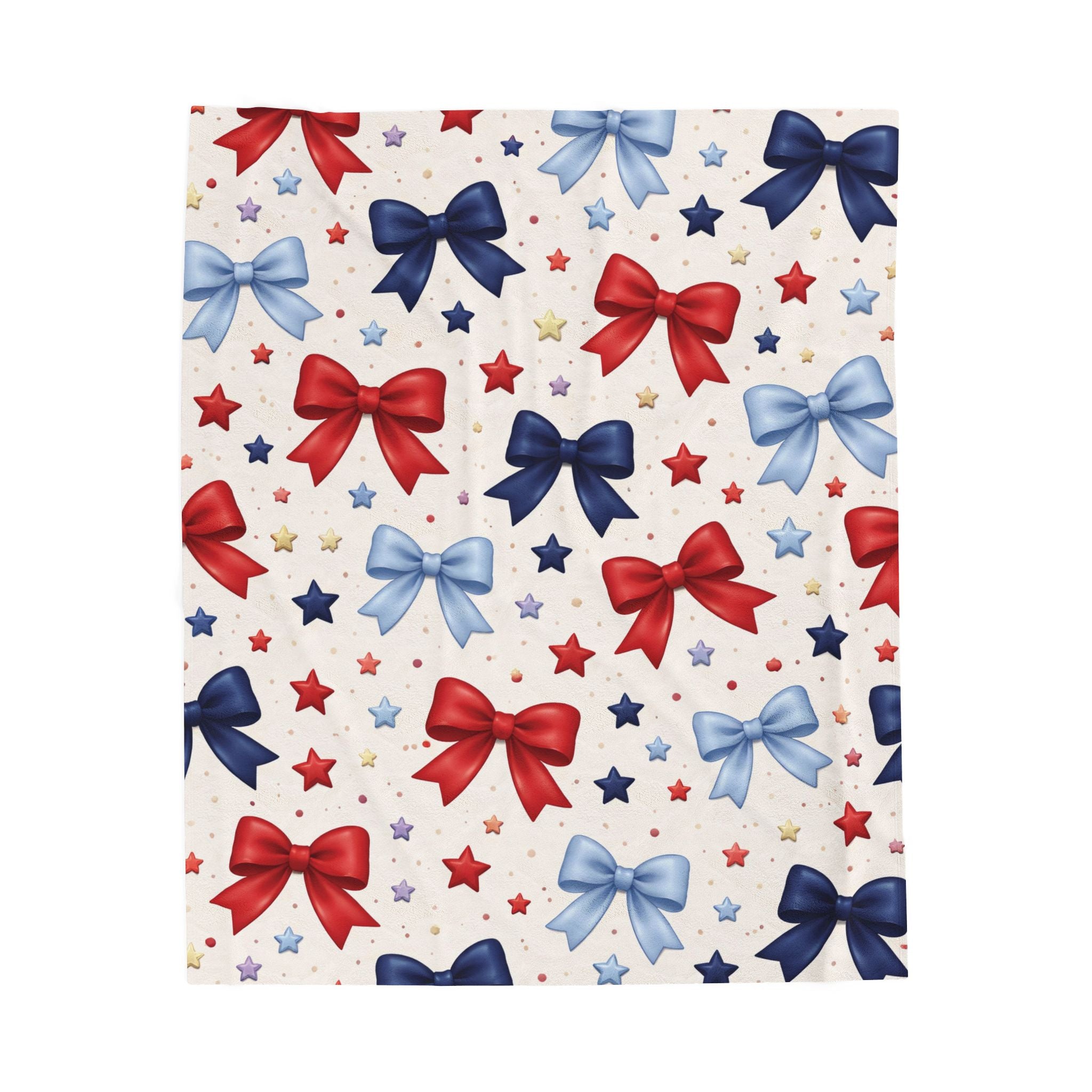 “Coquette Patriotic Bow Blanket – Red & Blue Star Plush Throw, Soft Americana Cozy Blanket, 4th of July Gift, Cute Bow Aesthetic Decor”