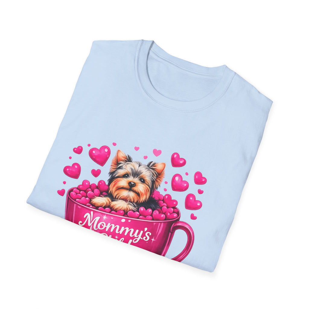 Mommy’s Child Yorkie Shirt – Cute Puppy in Mug Graphic Tee, Dog Lover Gift, Pink Heart Aesthetic, Yorkshire Terrier T-Shirt for Women