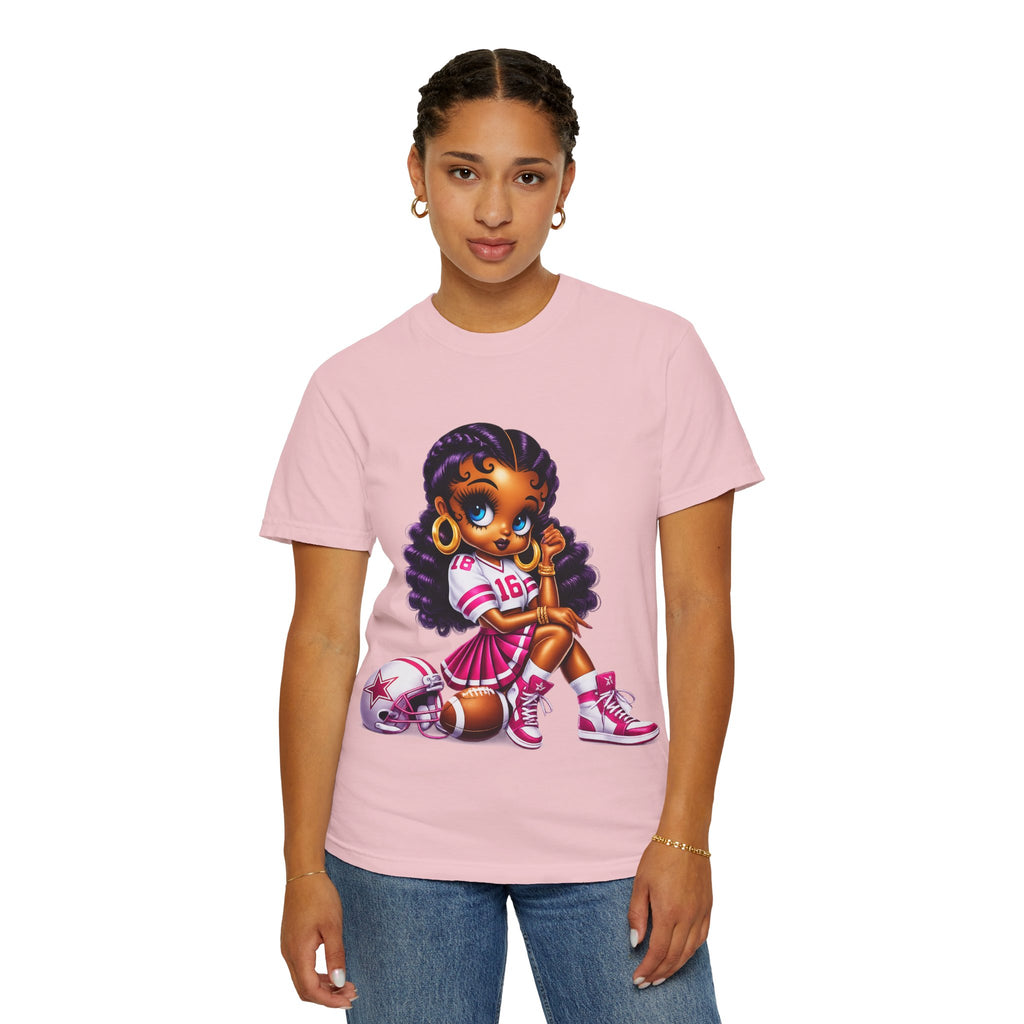 Fuchsia Football Girl Shirt – Cute Black Girl Sports Graphic Tee, Pink Cheerleader Outfit, Trendy Game Day Women’s Shirt, Girly Athlete T-Shirt