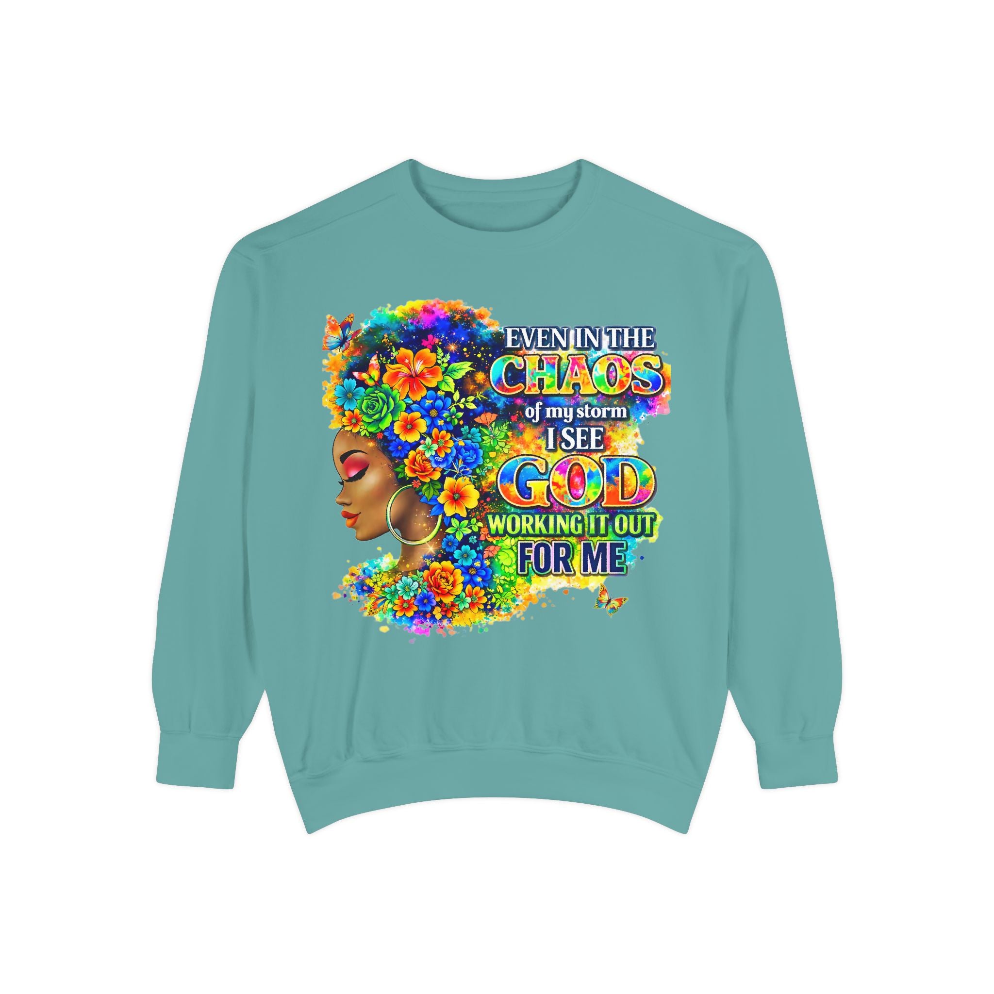 Even In The Midst I See God Sweatshirt – Faith-Based Floral Graphic Crewneck, Inspirational Christian Women’s Sweatshirt, Purple & Gold Aesthetic