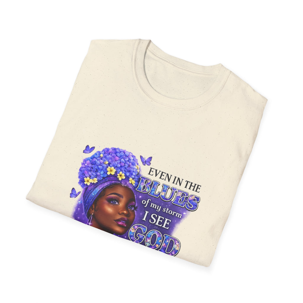 Inspirational Black Woman T-Shirt — "Even in the Darkness I See God Working for Me" Floral Portrait