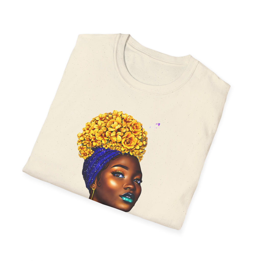 Floral Crown Portrait T-Shirt — Afrocentric Art Tee with Yellow Flower Headwrap