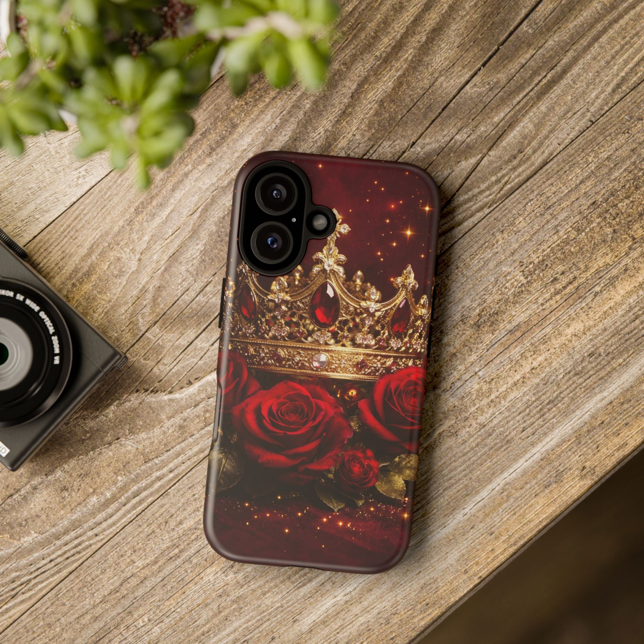 Royal Crown & Red Rose Luxury Phone Case – Gold Crown Burgundy Aesthetic iPhone Case, Regal Queen Floral Phone Cover