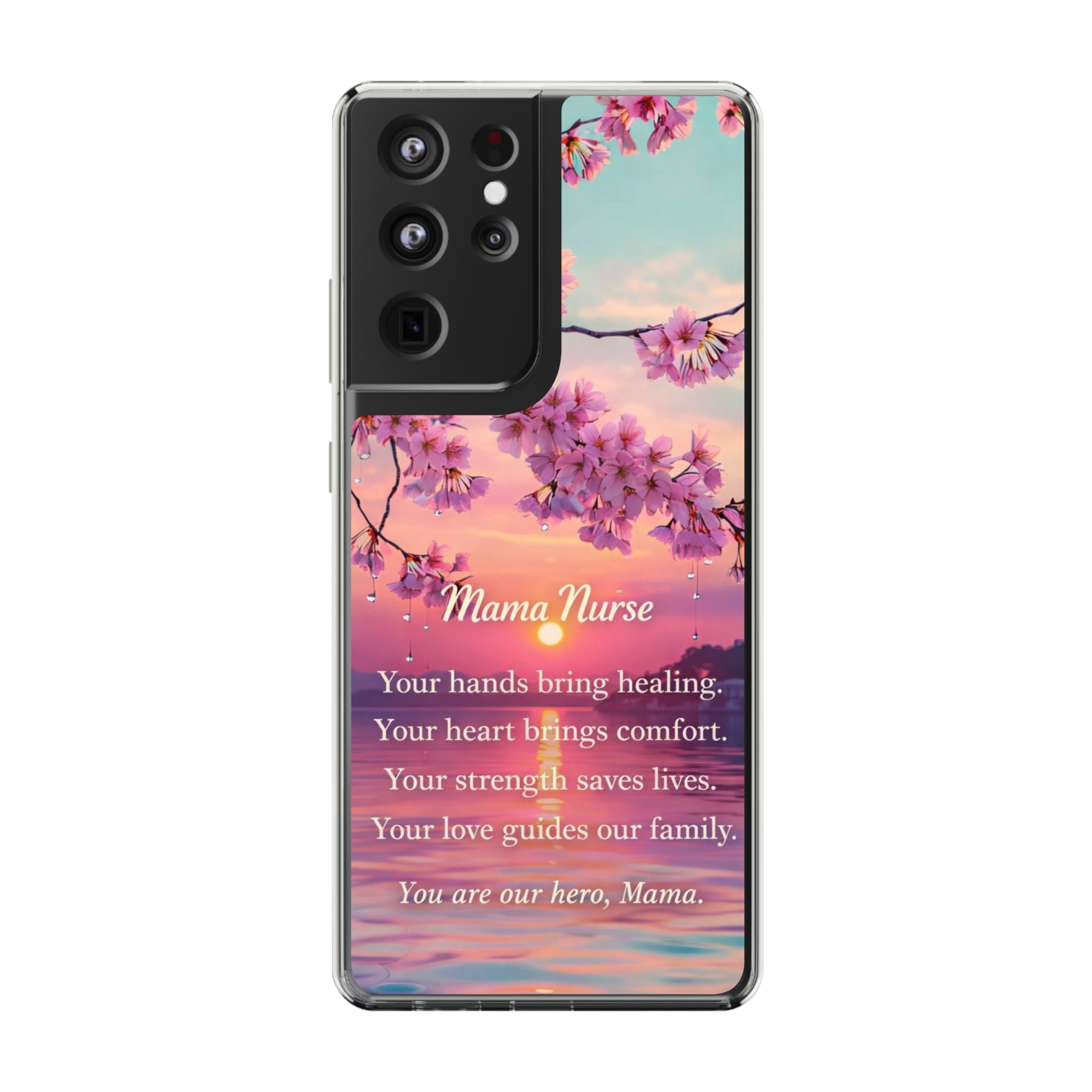 Nurse Mom Affirmation Phone Case – Inspirational Gift for Nurse Mama – Cherry Blossom Sunset Samsung Galaxy Case – Healthcare Hero Mom Gift