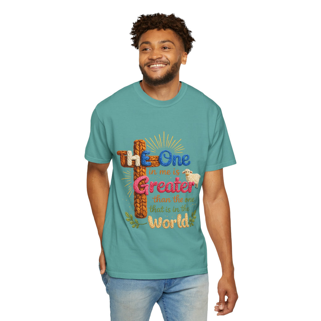 The One in Me Is Greater Shirt – Christian Crochet Style Graphic Tee, Faith Based Inspirational Bible Verse Shirt, Cute Religious Gift for Women
