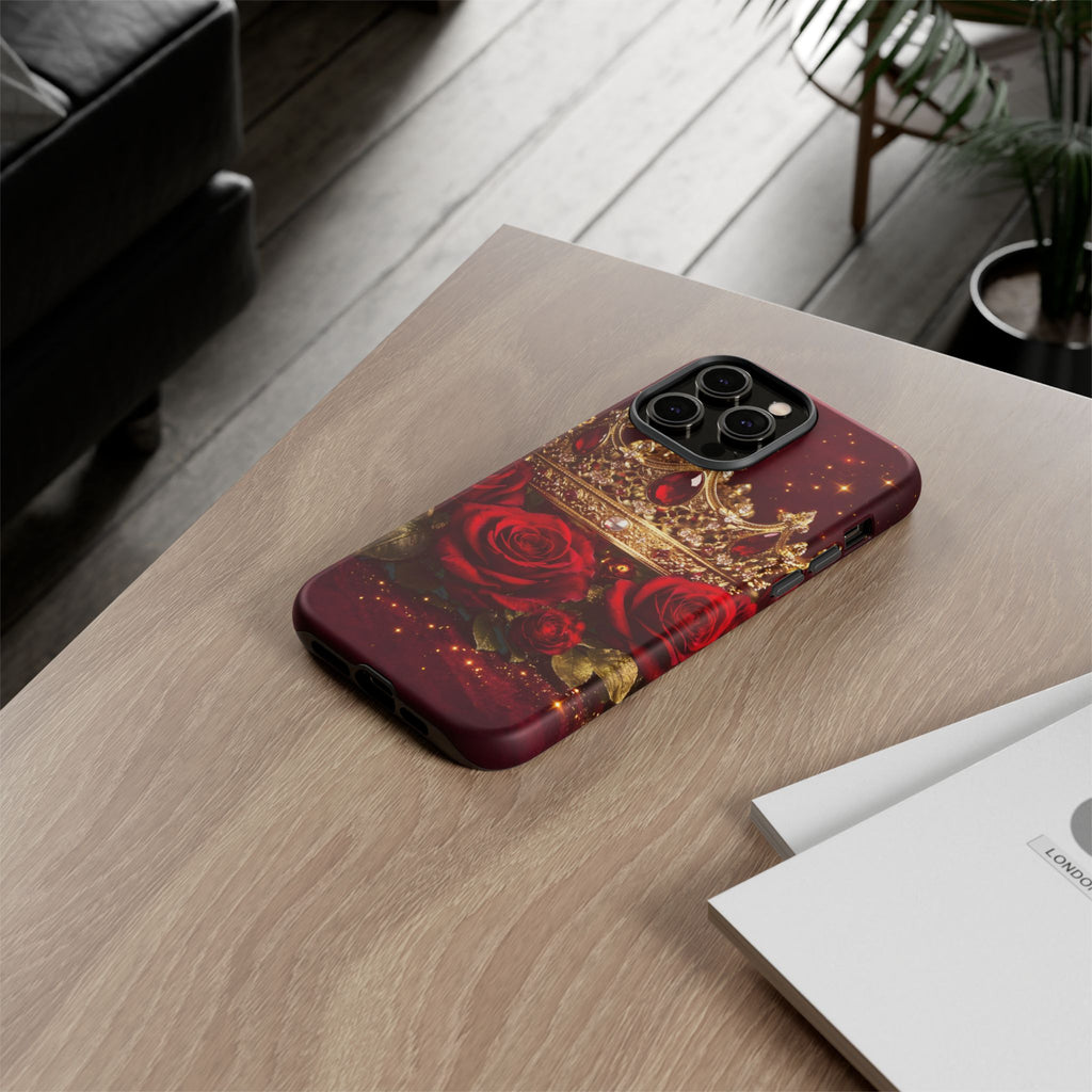 Royal Crown & Red Rose Luxury Phone Case – Gold Crown Burgundy Aesthetic iPhone Case, Regal Queen Floral Phone Cover