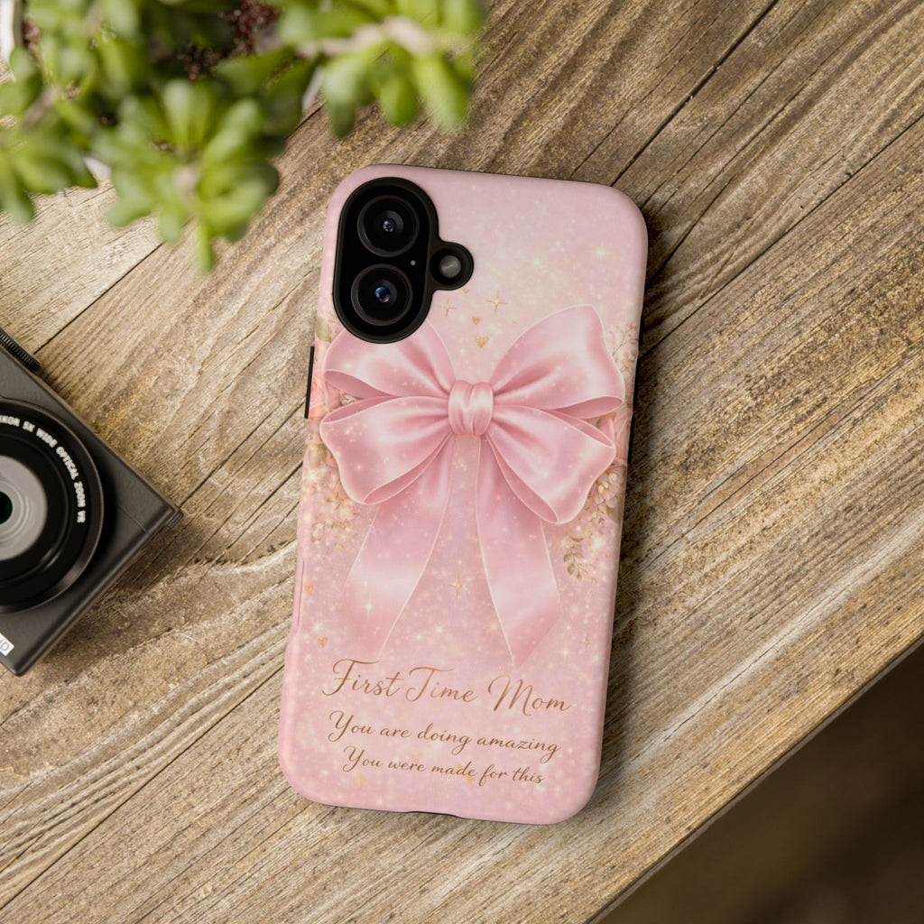 Coquette Pink Bow Phone Case, First Time Mom Aesthetic Case, Soft Girl iPhone Cover, Cute Feminine Mom Case