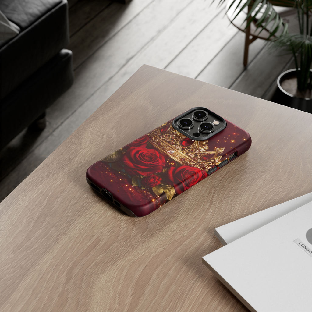 Royal Crown & Red Rose Luxury Phone Case – Gold Crown Burgundy Aesthetic iPhone Case, Regal Queen Floral Phone Cover