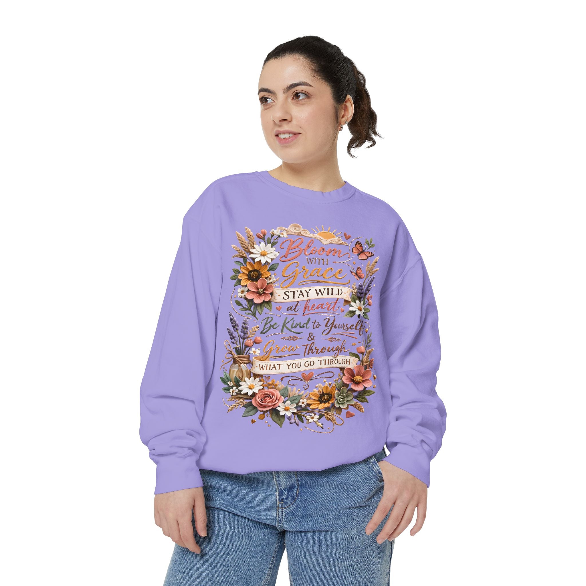 Bloom With Grace Floral Sweatshirt — Inspirational Quote Crewneck
