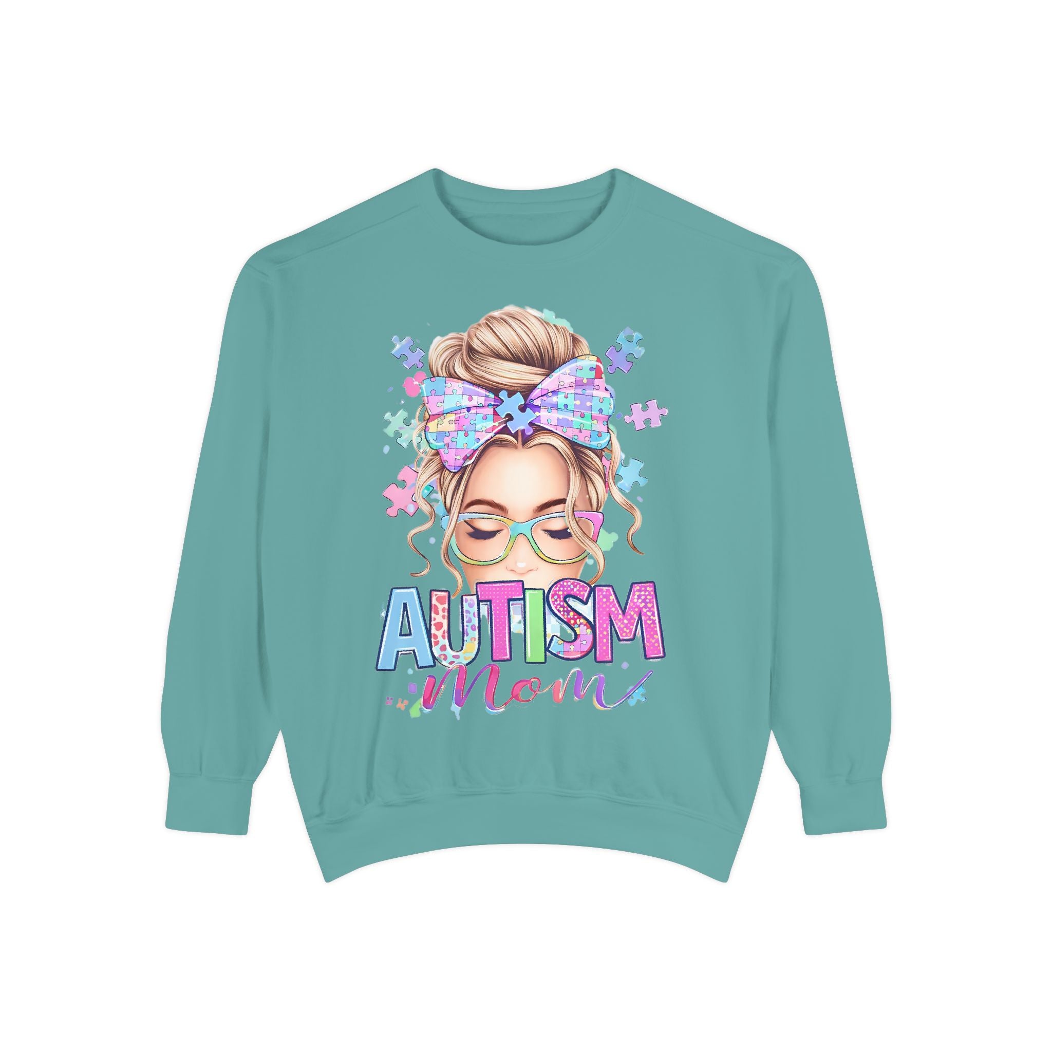 Autism Mom Sweatshirt — Puzzle-Print Headband & Pastel Logo Crewneck