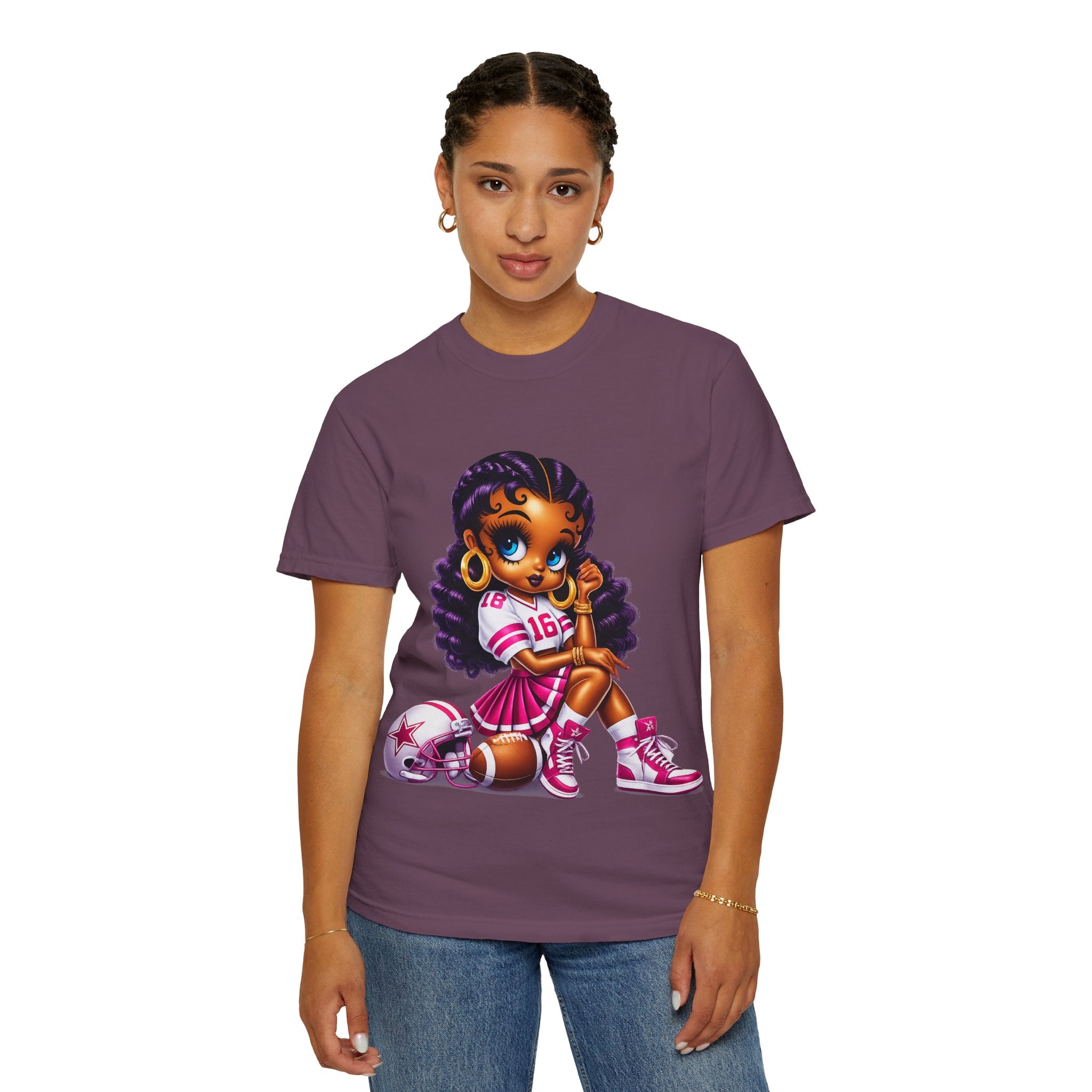 Fuchsia Football Girl Shirt – Cute Black Girl Sports Graphic Tee, Pink Cheerleader Outfit, Trendy Game Day Women’s Shirt, Girly Athlete T-Shirt