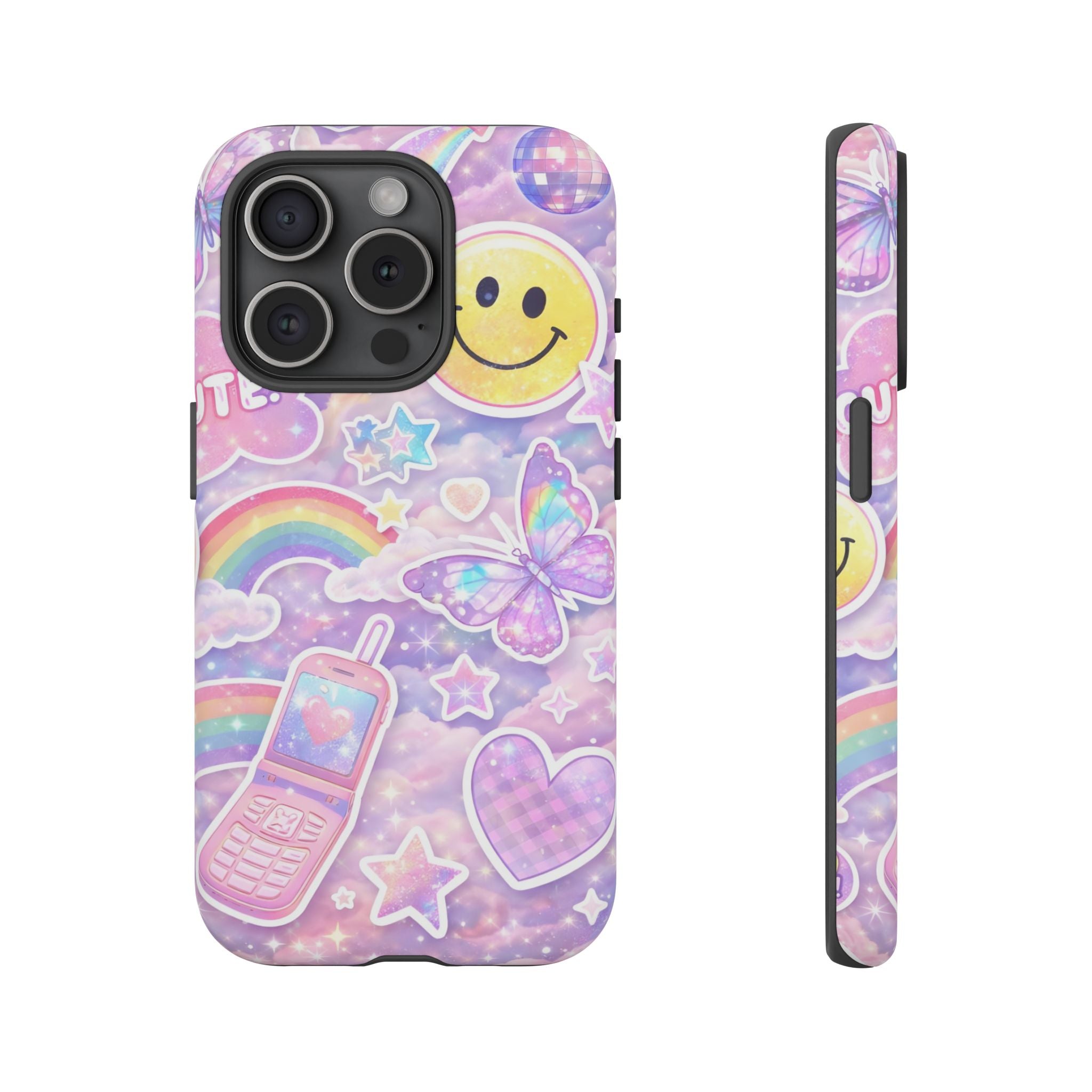 Pastel Y2K Tough Case — Cute Smiley, Rainbow & Butterfly Phone Case