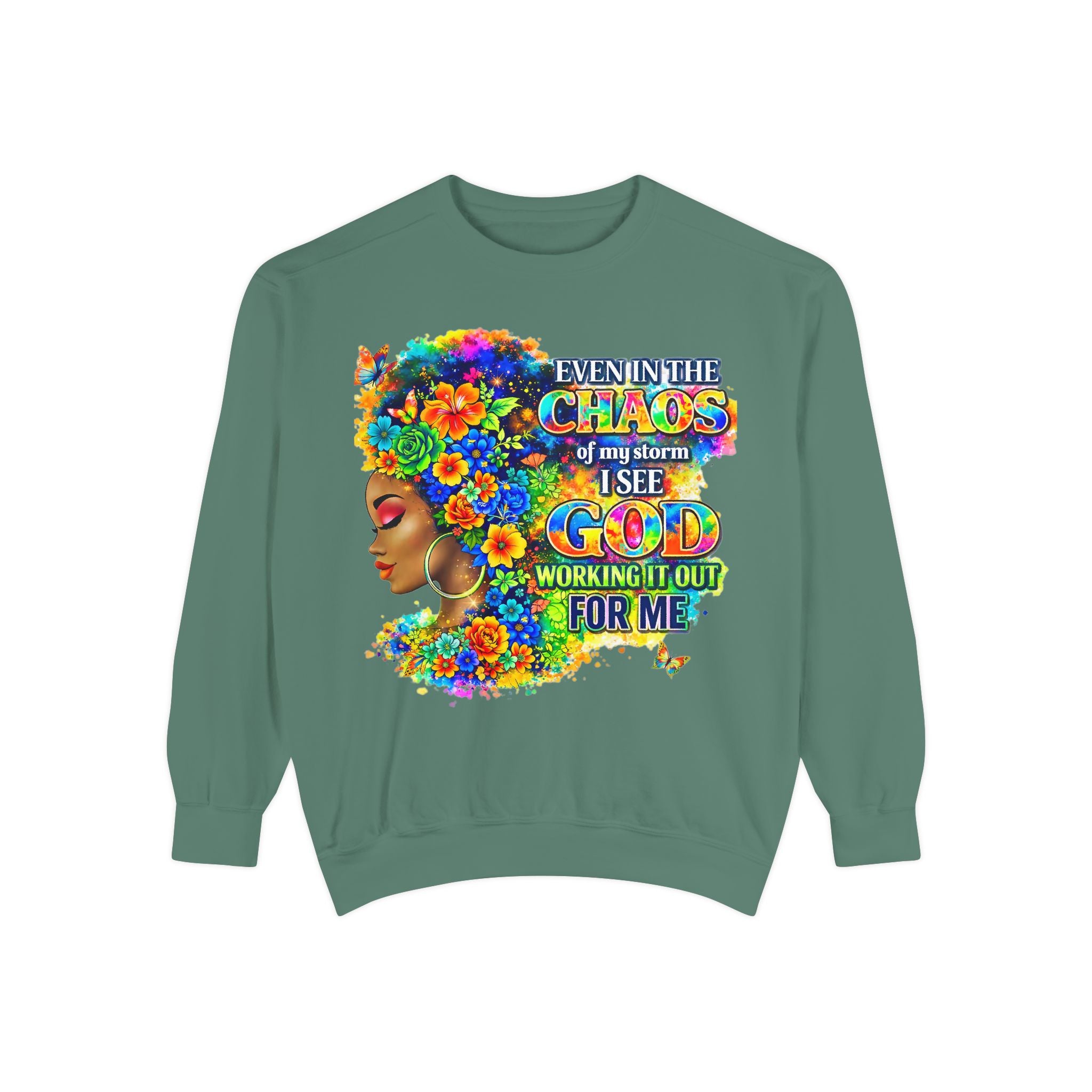Even In The Midst I See God Sweatshirt – Faith-Based Floral Graphic Crewneck, Inspirational Christian Women’s Sweatshirt, Purple & Gold Aesthetic