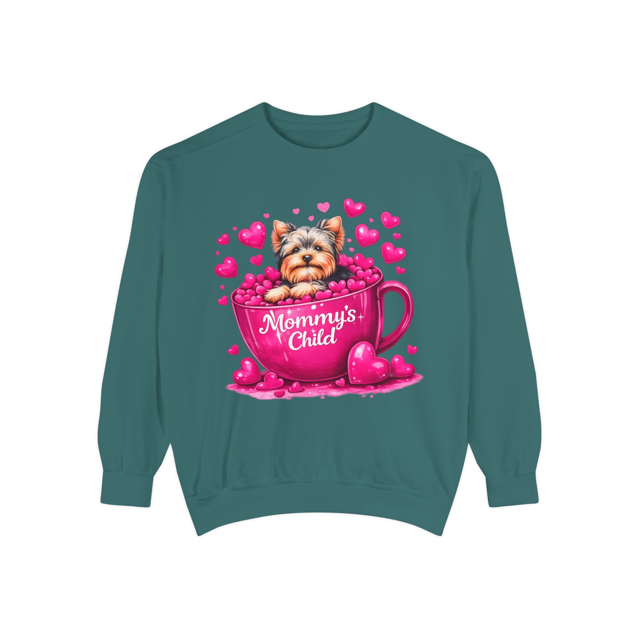 Mommy’s Child Yorkie Shirt – Cute Puppy in Mug Graphic Tee, Dog Lover Gift, Pink Heart Aesthetic, Yorkshire Terrier T-Shirt for Women