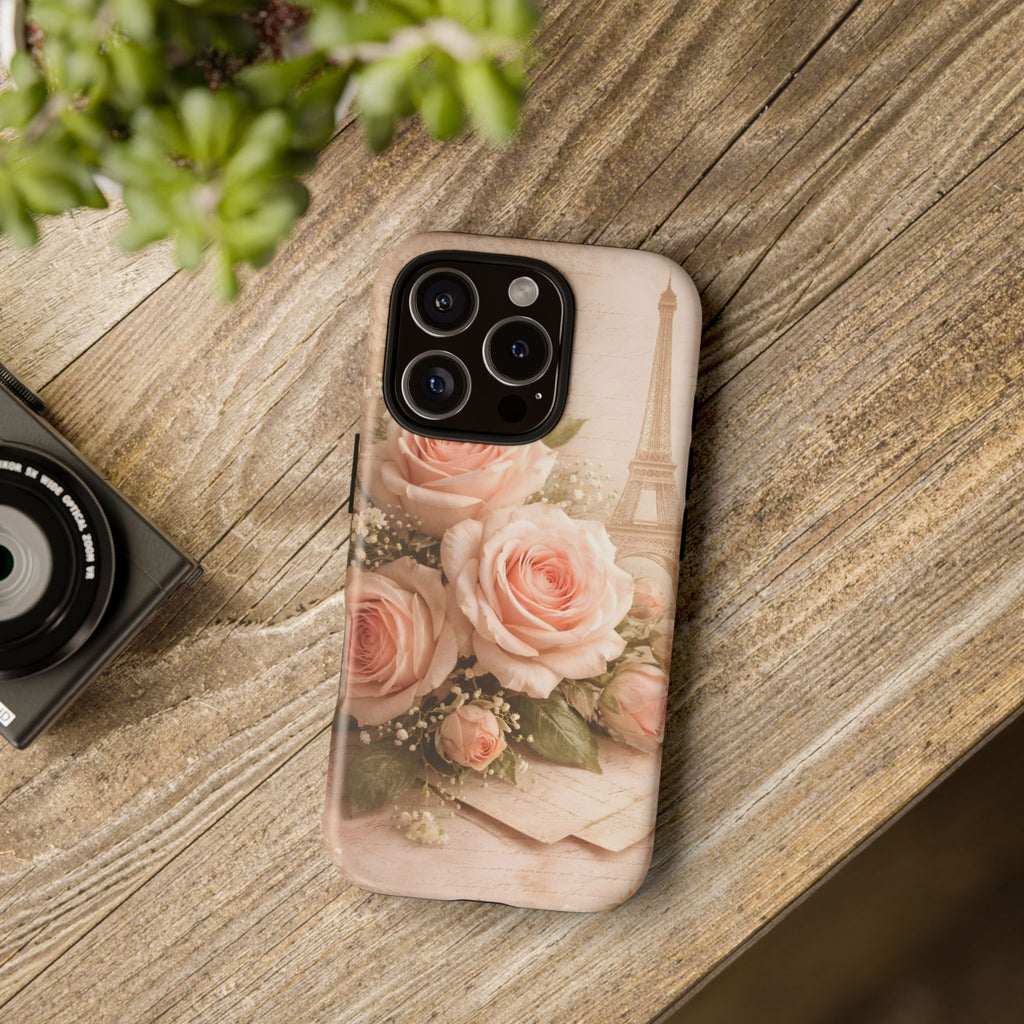 Vintage Parisian Rose Phone Case – Eiffel Tower Floral Aesthetic Luxury iPhone Case, Romantic Antique Paris Phone Cover