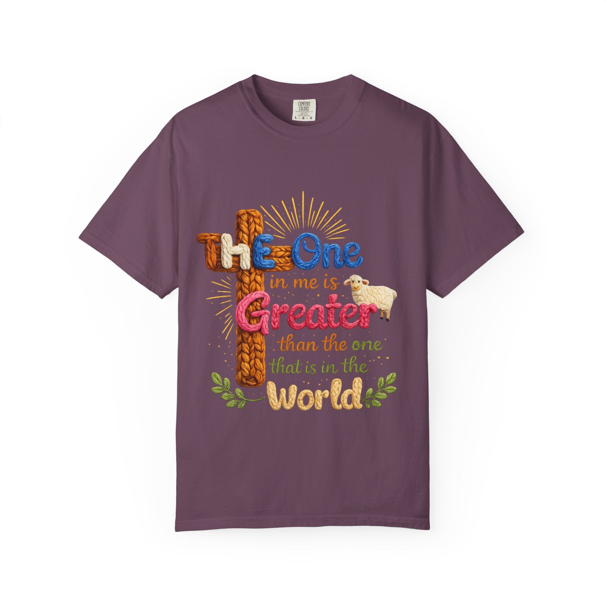 The One in Me Is Greater Shirt – Christian Crochet Style Graphic Tee, Faith Based Inspirational Bible Verse Shirt, Cute Religious Gift for Women