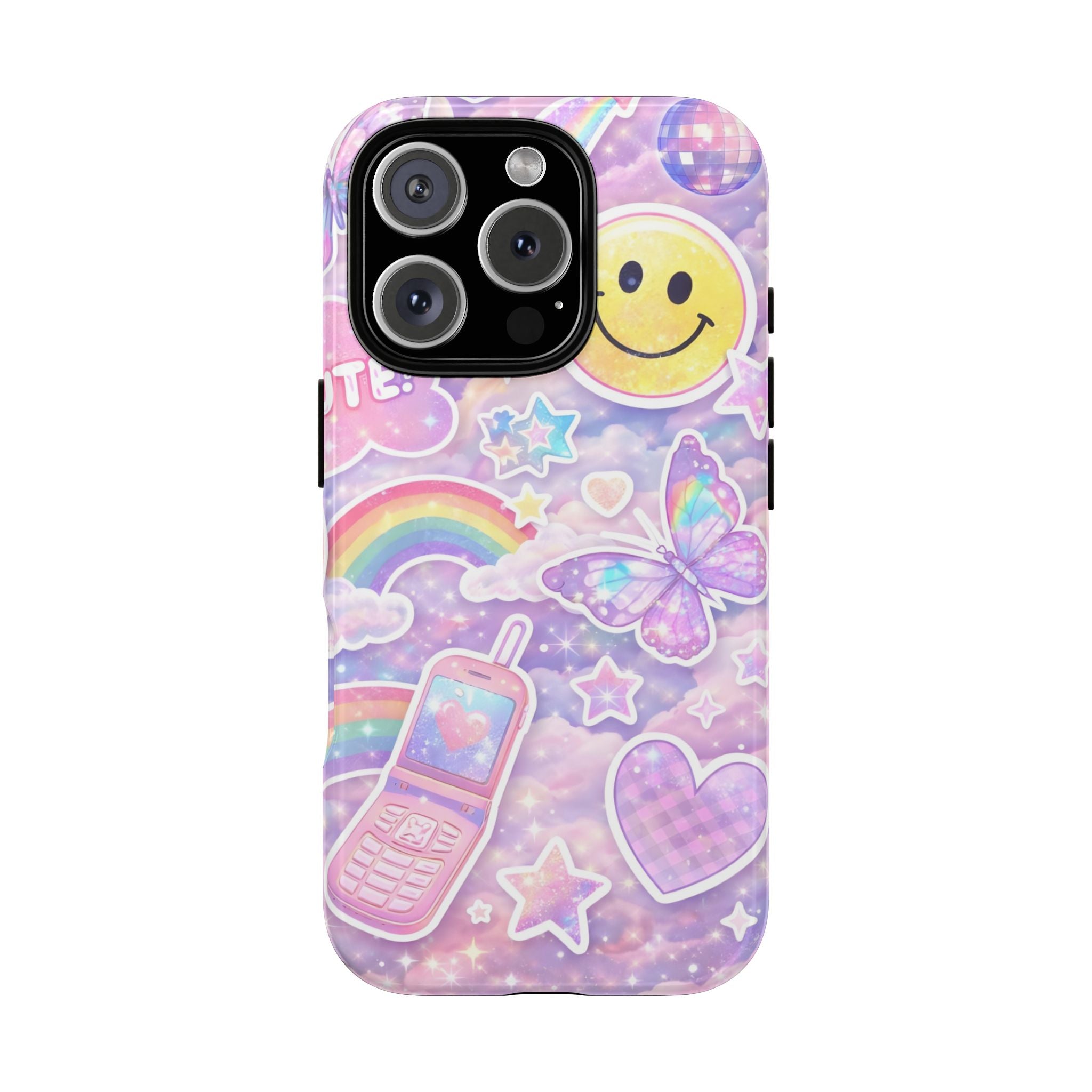 Pastel Y2K Tough Case — Cute Smiley, Rainbow & Butterfly Phone Case