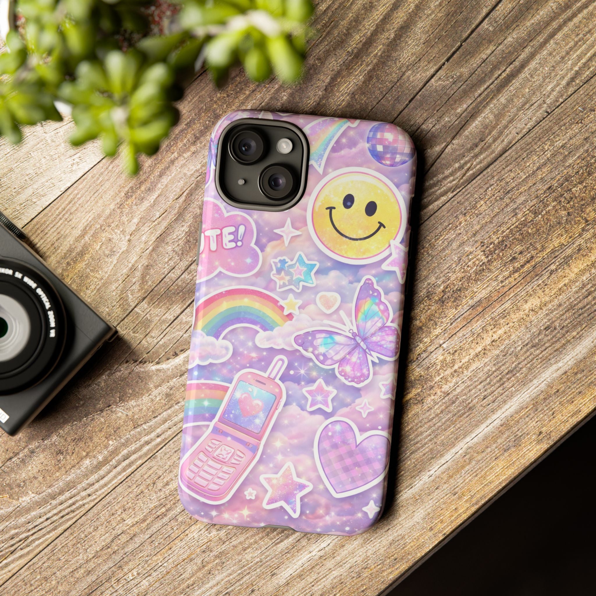 Pastel Y2K Tough Case — Cute Smiley, Rainbow & Butterfly Phone Case
