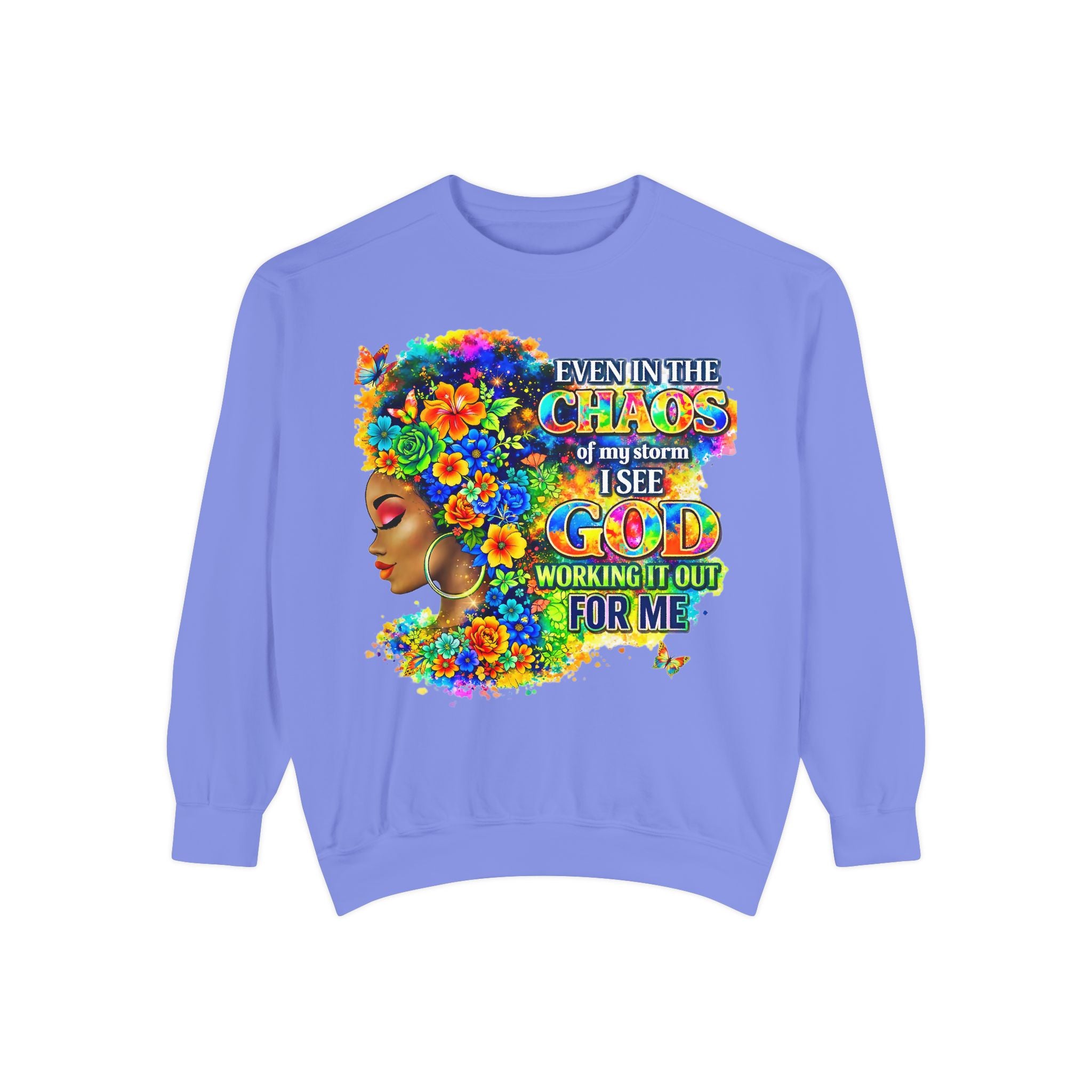 Even In The Midst I See God Sweatshirt – Faith-Based Floral Graphic Crewneck, Inspirational Christian Women’s Sweatshirt, Purple & Gold Aesthetic
