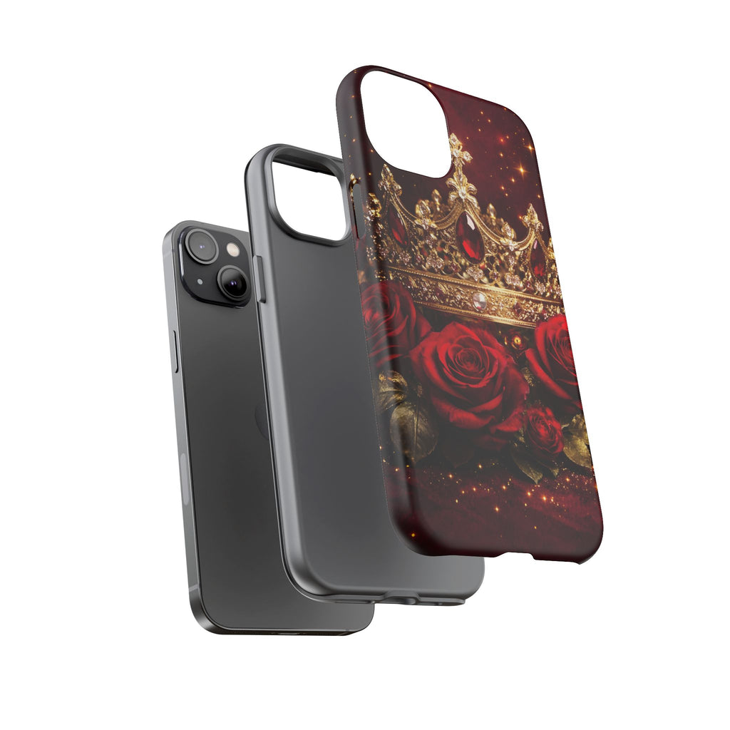 Royal Crown & Red Rose Luxury Phone Case – Gold Crown Burgundy Aesthetic iPhone Case, Regal Queen Floral Phone Cover