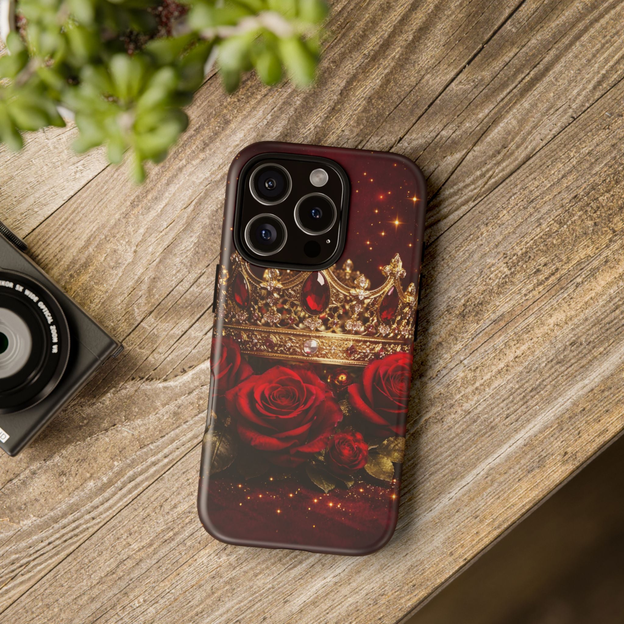 Royal Crown & Red Rose Luxury Phone Case – Gold Crown Burgundy Aesthetic iPhone Case, Regal Queen Floral Phone Cover