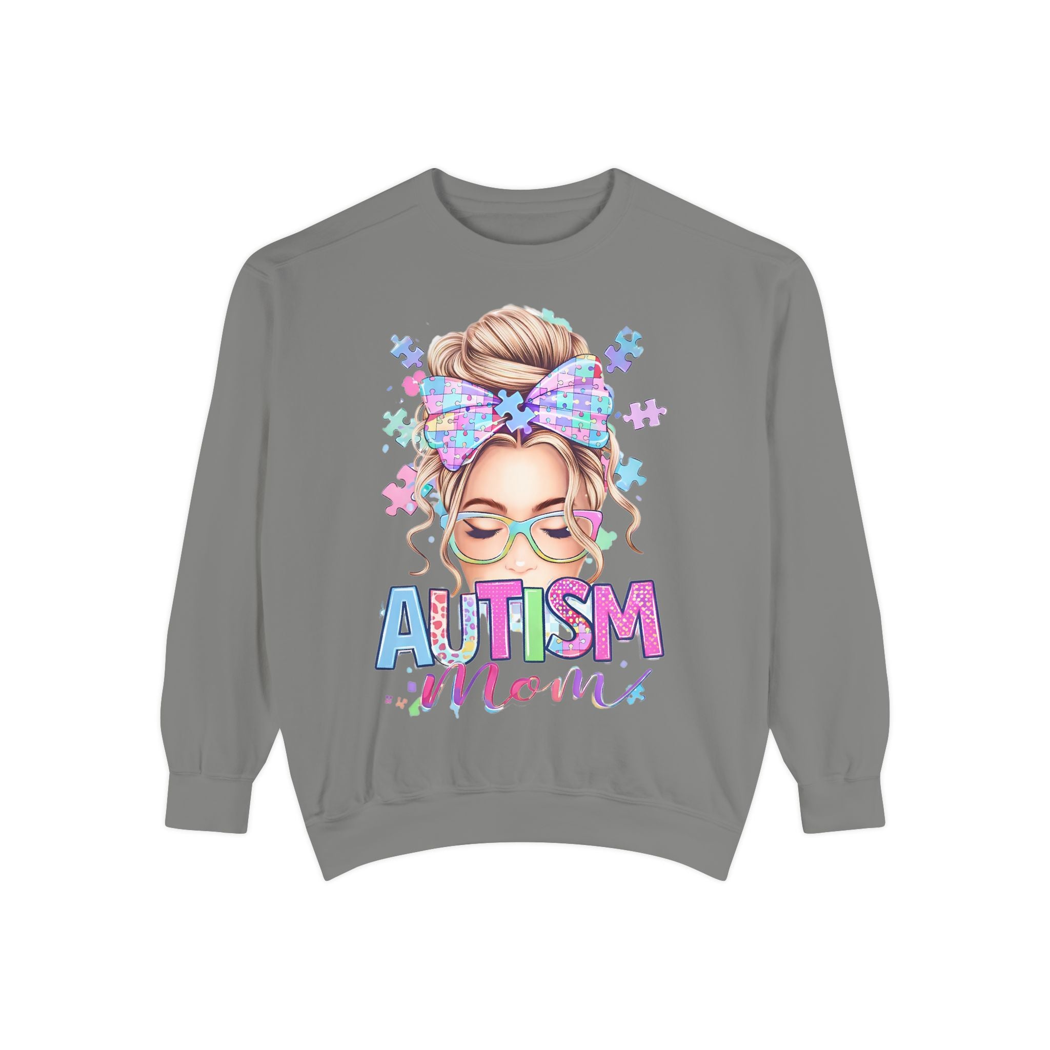 Autism Mom Sweatshirt — Puzzle-Print Headband & Pastel Logo Crewneck