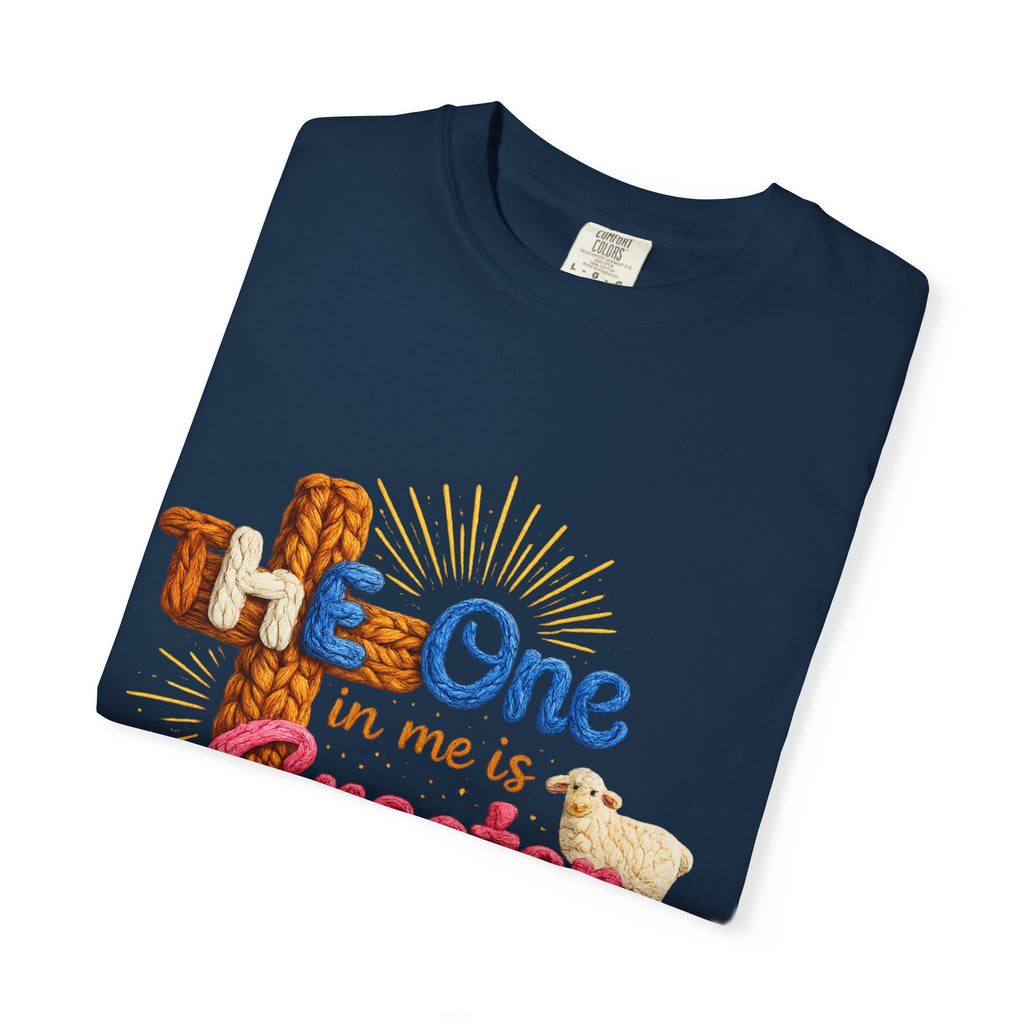 The One in Me Is Greater Shirt – Christian Crochet Style Graphic Tee, Faith Based Inspirational Bible Verse Shirt, Cute Religious Gift for Women
