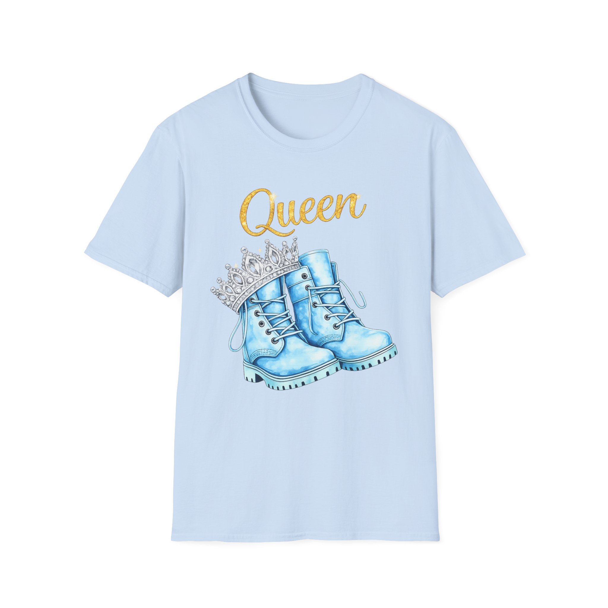 Queen Light Blue Boots Shirt – Pink Crown Graphic Tee, Cute Girly Streetwear, Fashion Queen Outfit, Trendy Women’s Statement T-Shirt