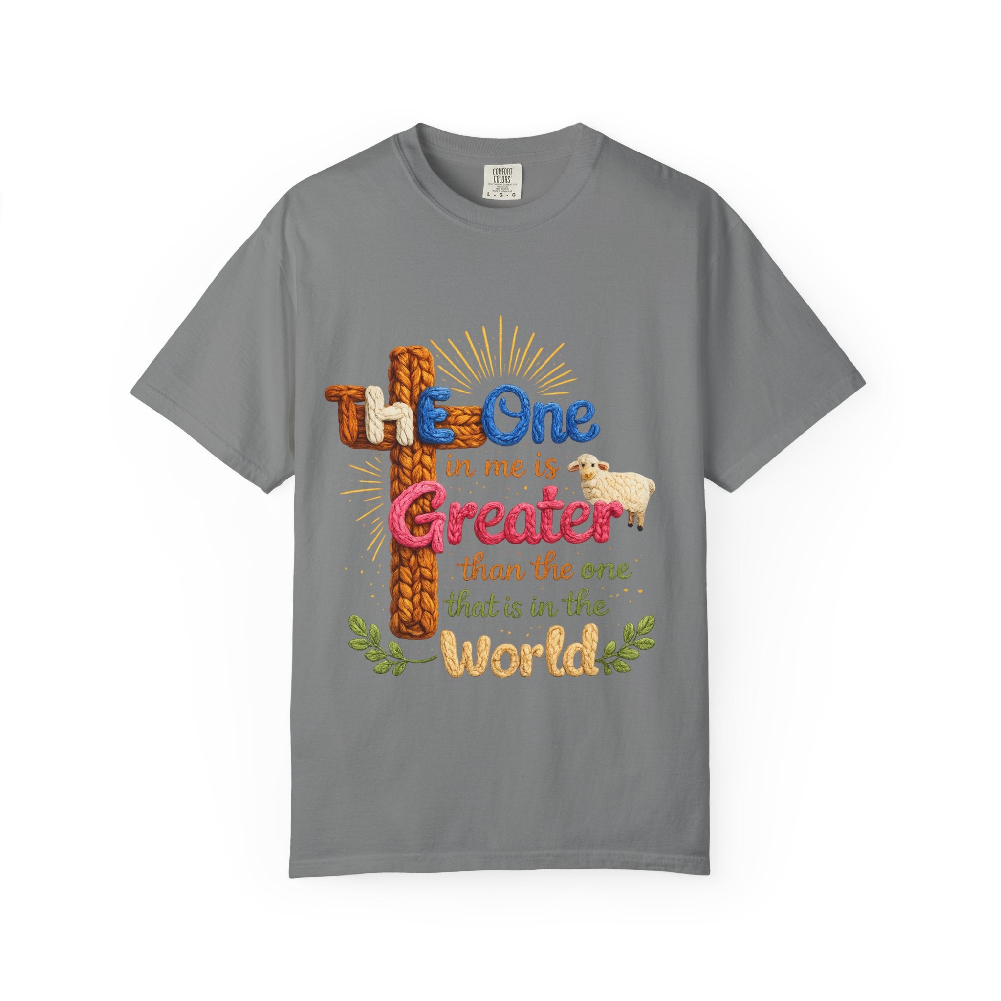 The One in Me Is Greater Shirt – Christian Crochet Style Graphic Tee, Faith Based Inspirational Bible Verse Shirt, Cute Religious Gift for Women