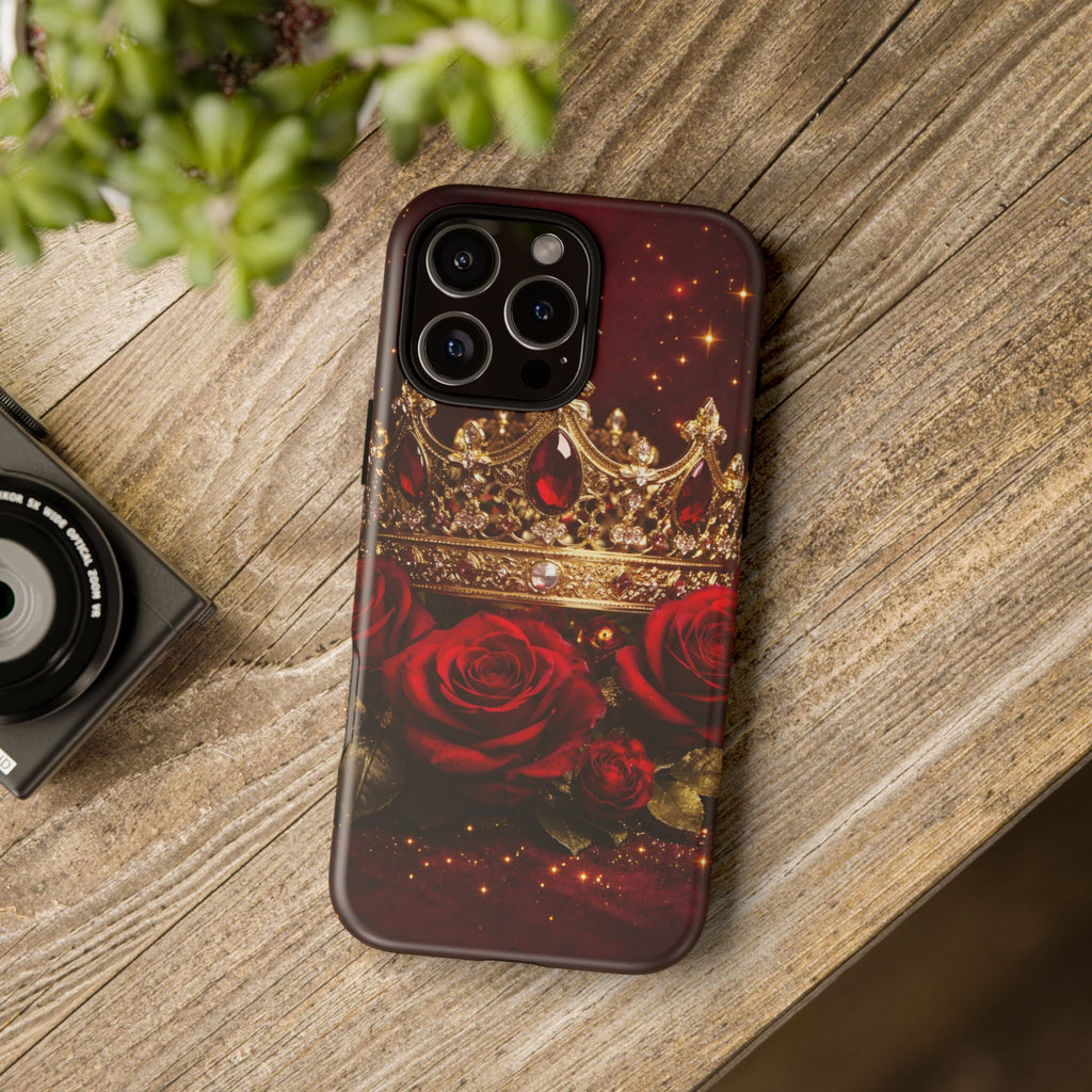 Royal Crown & Red Rose Luxury Phone Case – Gold Crown Burgundy Aesthetic iPhone Case, Regal Queen Floral Phone Cover
