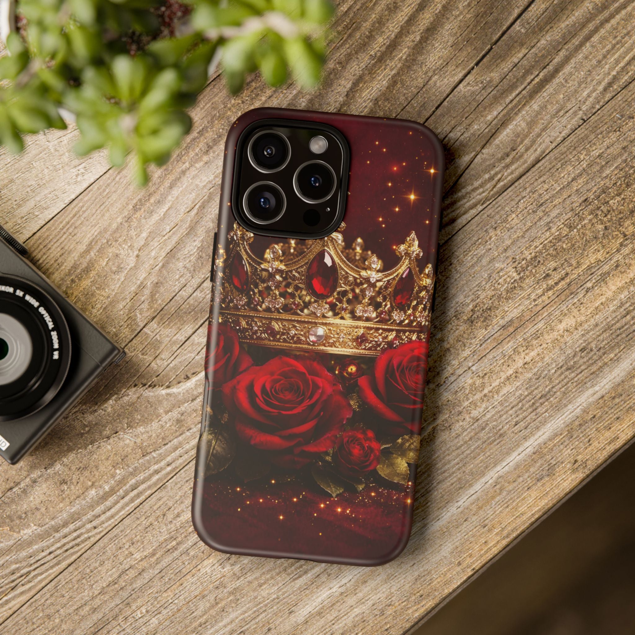 Royal Crown & Red Rose Luxury Phone Case – Gold Crown Burgundy Aesthetic iPhone Case, Regal Queen Floral Phone Cover