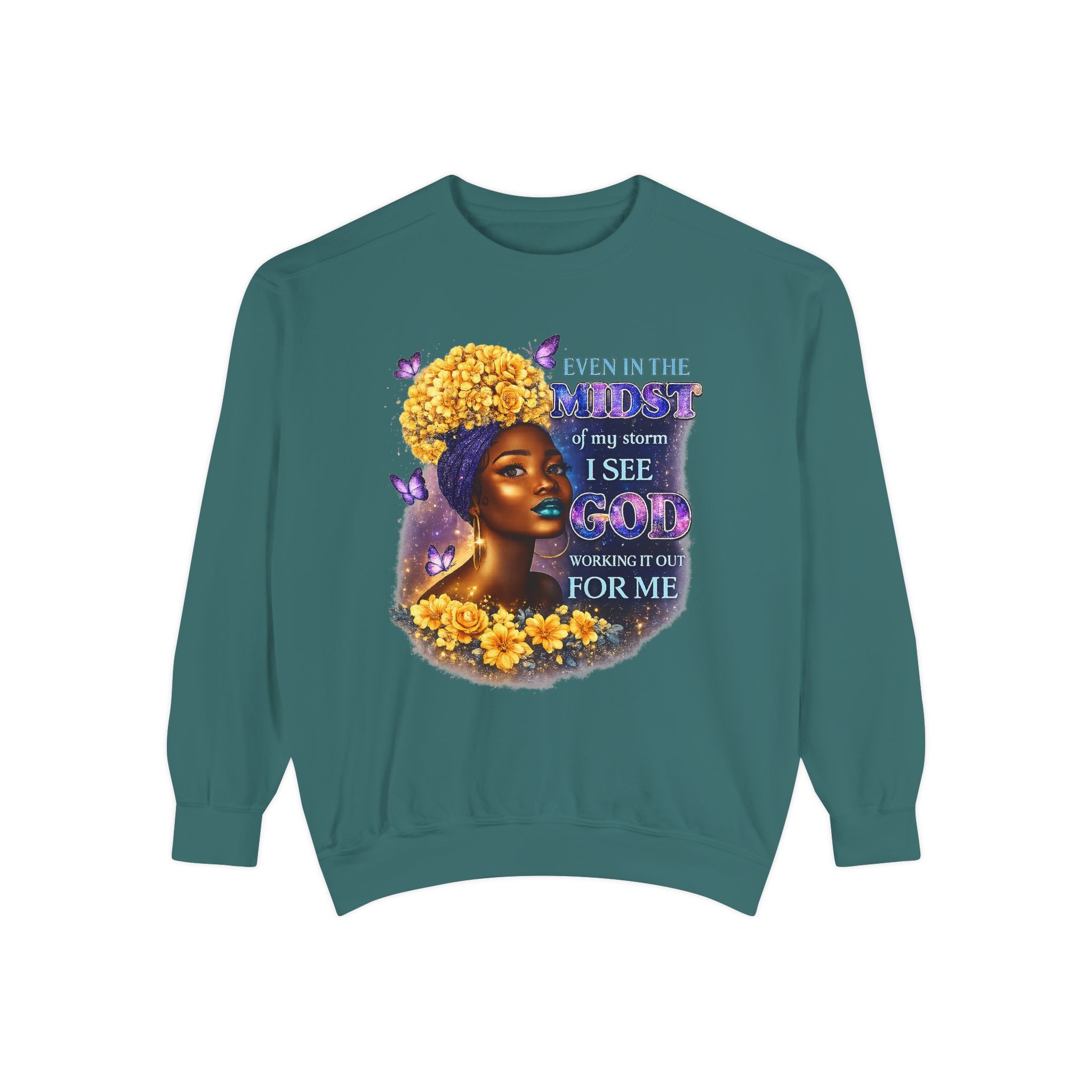 Even In The Midst I See God Sweatshirt – Faith-Based Floral Graphic Crewneck, Inspirational Christian Women’s Sweatshirt, Purple & Gold Aesthetic