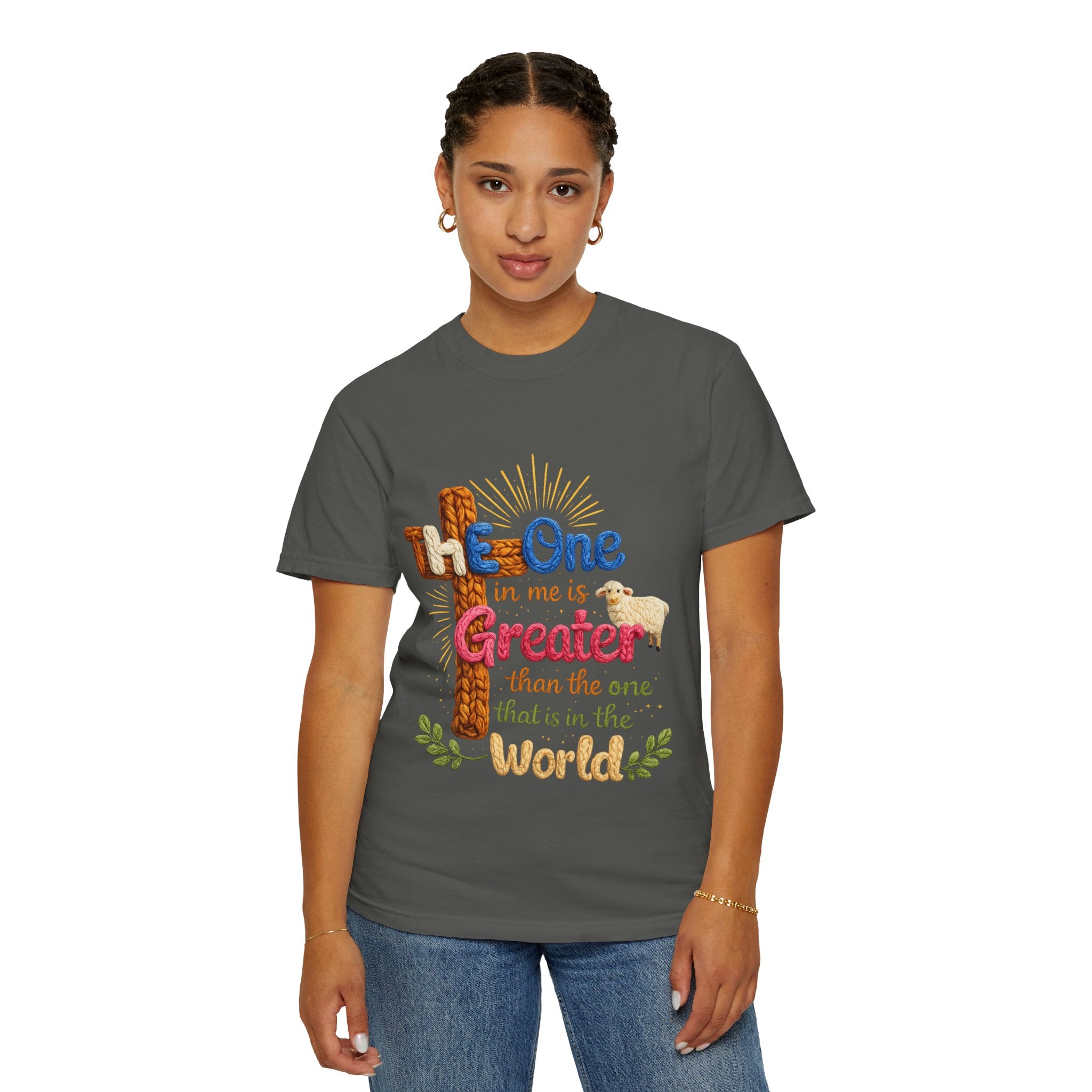 The One in Me Is Greater Shirt – Christian Crochet Style Graphic Tee, Faith Based Inspirational Bible Verse Shirt, Cute Religious Gift for Women