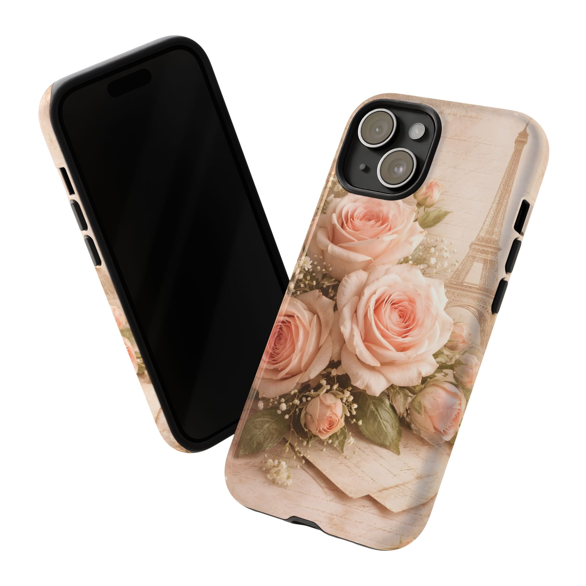 Vintage Parisian Rose Phone Case – Eiffel Tower Floral Aesthetic Luxury iPhone Case, Romantic Antique Paris Phone Cover