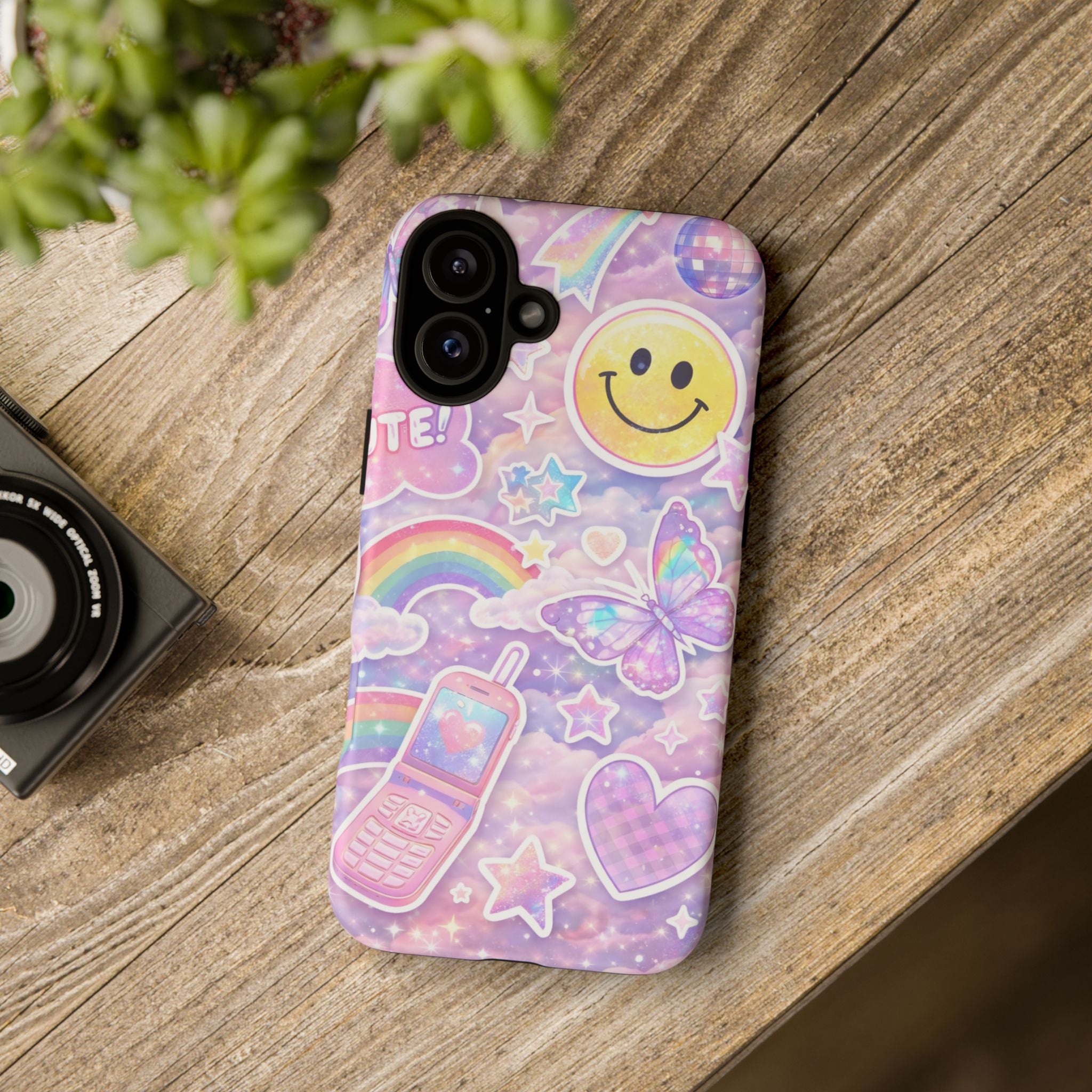 Pastel Y2K Tough Case — Cute Smiley, Rainbow & Butterfly Phone Case