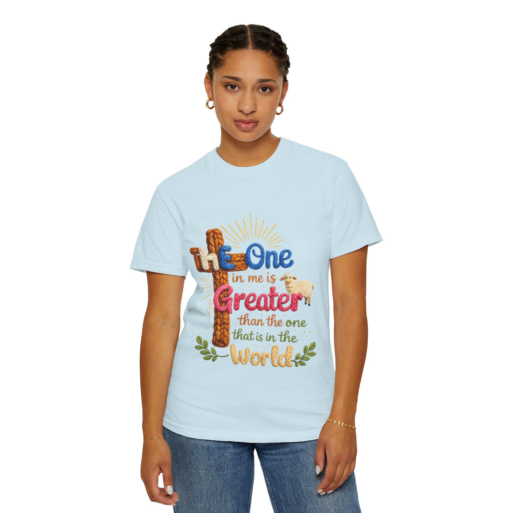 The One in Me Is Greater Shirt – Christian Crochet Style Graphic Tee, Faith Based Inspirational Bible Verse Shirt, Cute Religious Gift for Women