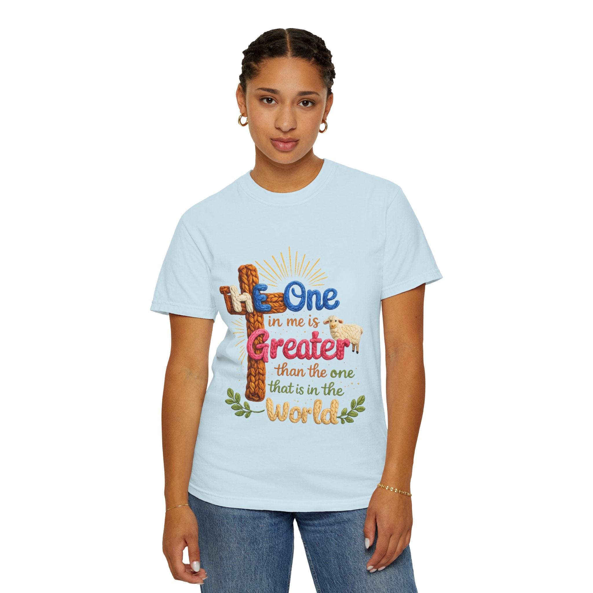 The One in Me Is Greater Shirt – Christian Crochet Style Graphic Tee, Faith Based Inspirational Bible Verse Shirt, Cute Religious Gift for Women