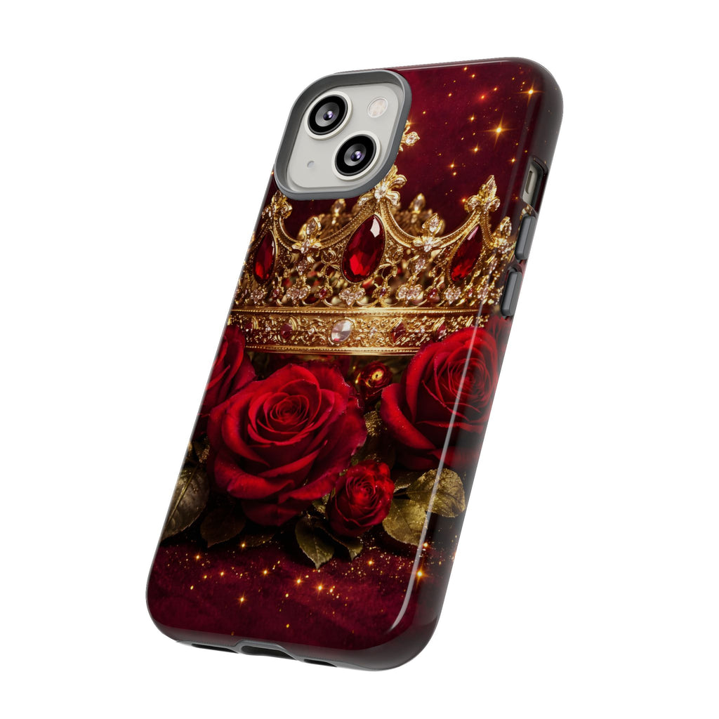 Royal Crown & Red Rose Luxury Phone Case – Gold Crown Burgundy Aesthetic iPhone Case, Regal Queen Floral Phone Cover