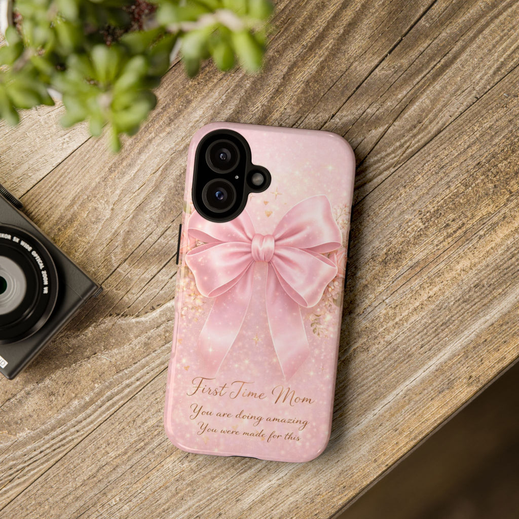 Coquette Pink Bow Phone Case, First Time Mom Aesthetic Case, Soft Girl iPhone Cover, Cute Feminine Mom Case