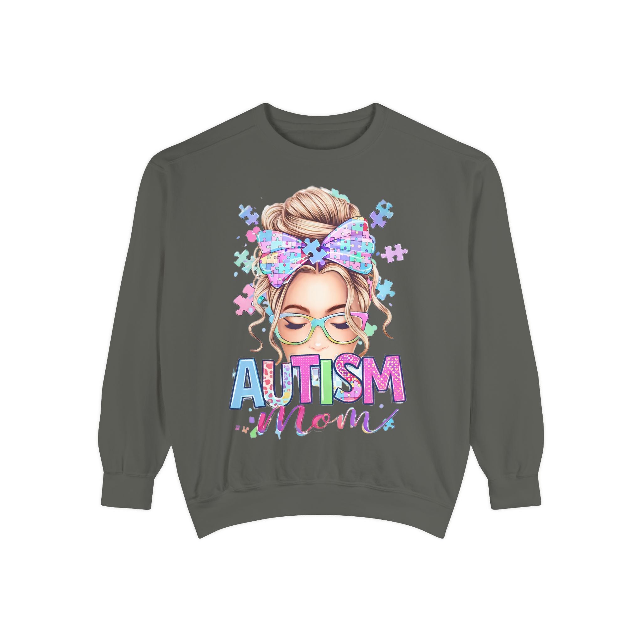 Autism Mom Sweatshirt — Puzzle-Print Headband & Pastel Logo Crewneck