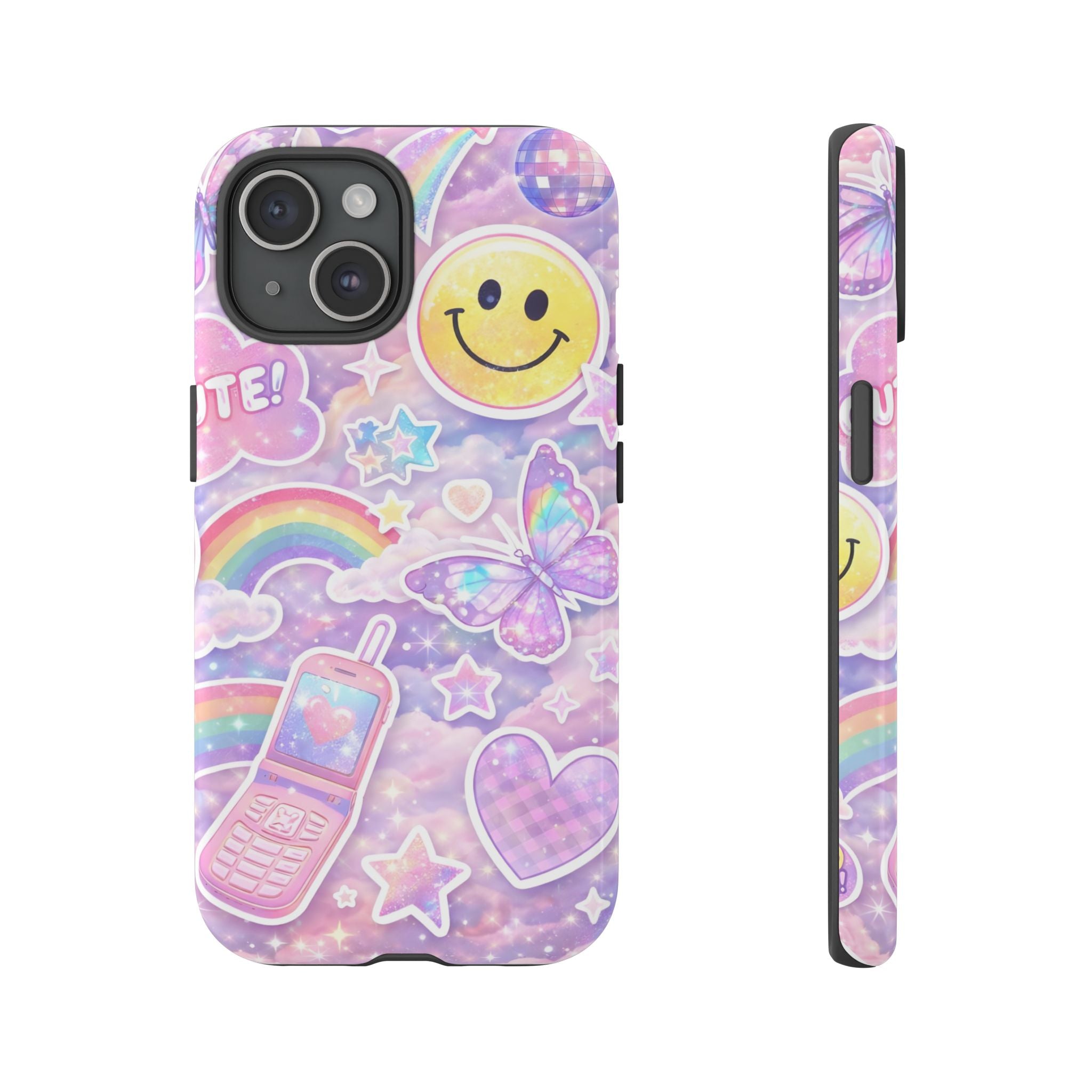 Pastel Y2K Tough Case — Cute Smiley, Rainbow & Butterfly Phone Case