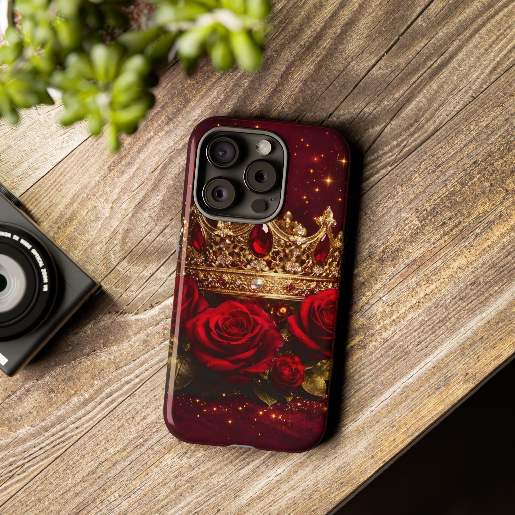 Royal Crown & Red Rose Luxury Phone Case – Gold Crown Burgundy Aesthetic iPhone Case, Regal Queen Floral Phone Cover