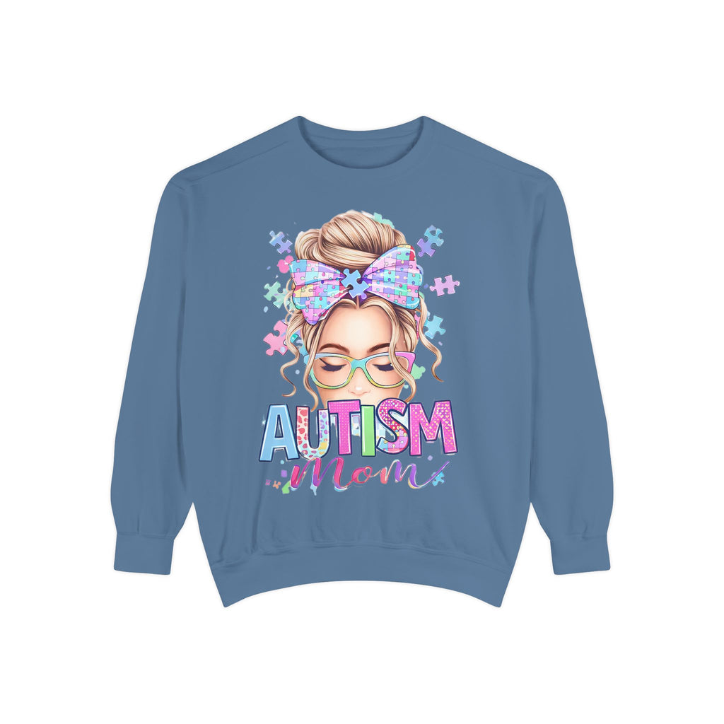 Autism Mom Sweatshirt — Puzzle-Print Headband & Pastel Logo Crewneck