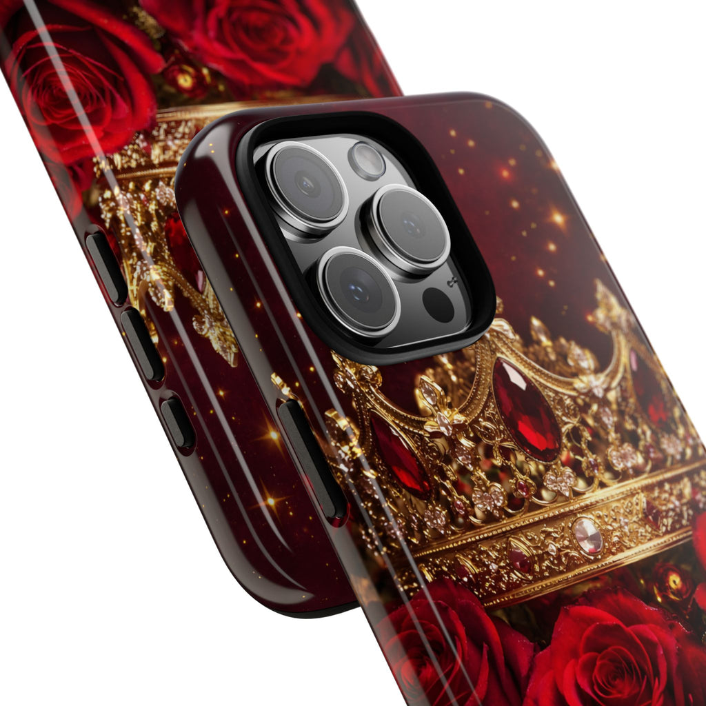 Royal Crown & Red Rose Luxury Phone Case – Gold Crown Burgundy Aesthetic iPhone Case, Regal Queen Floral Phone Cover