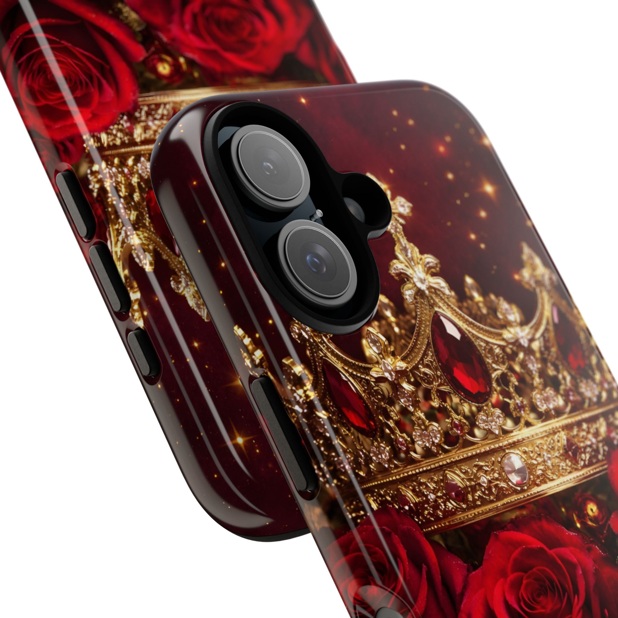 Royal Crown & Red Rose Luxury Phone Case – Gold Crown Burgundy Aesthetic iPhone Case, Regal Queen Floral Phone Cover