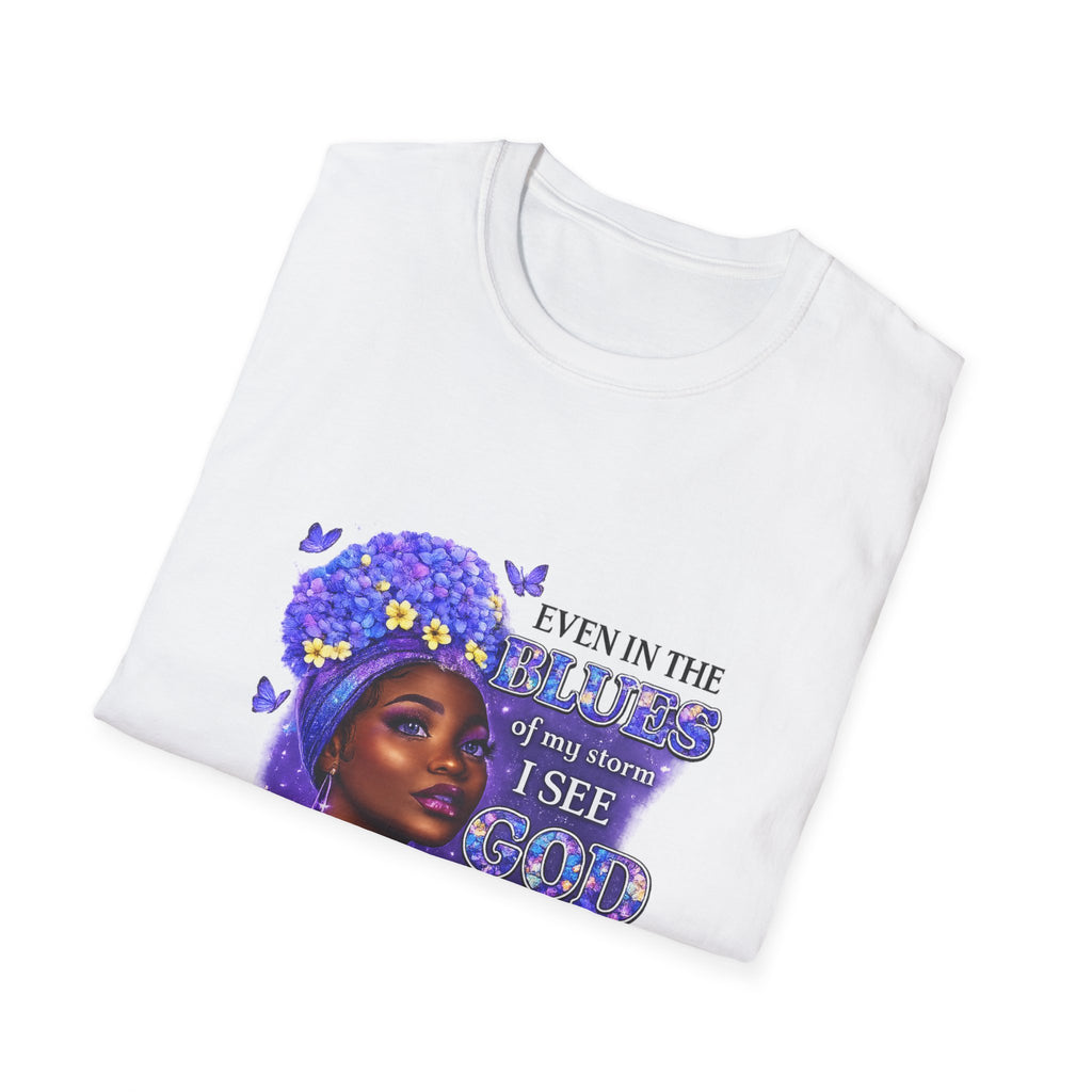 Inspirational Black Woman T-Shirt — "Even in the Darkness I See God Working for Me" Floral Portrait